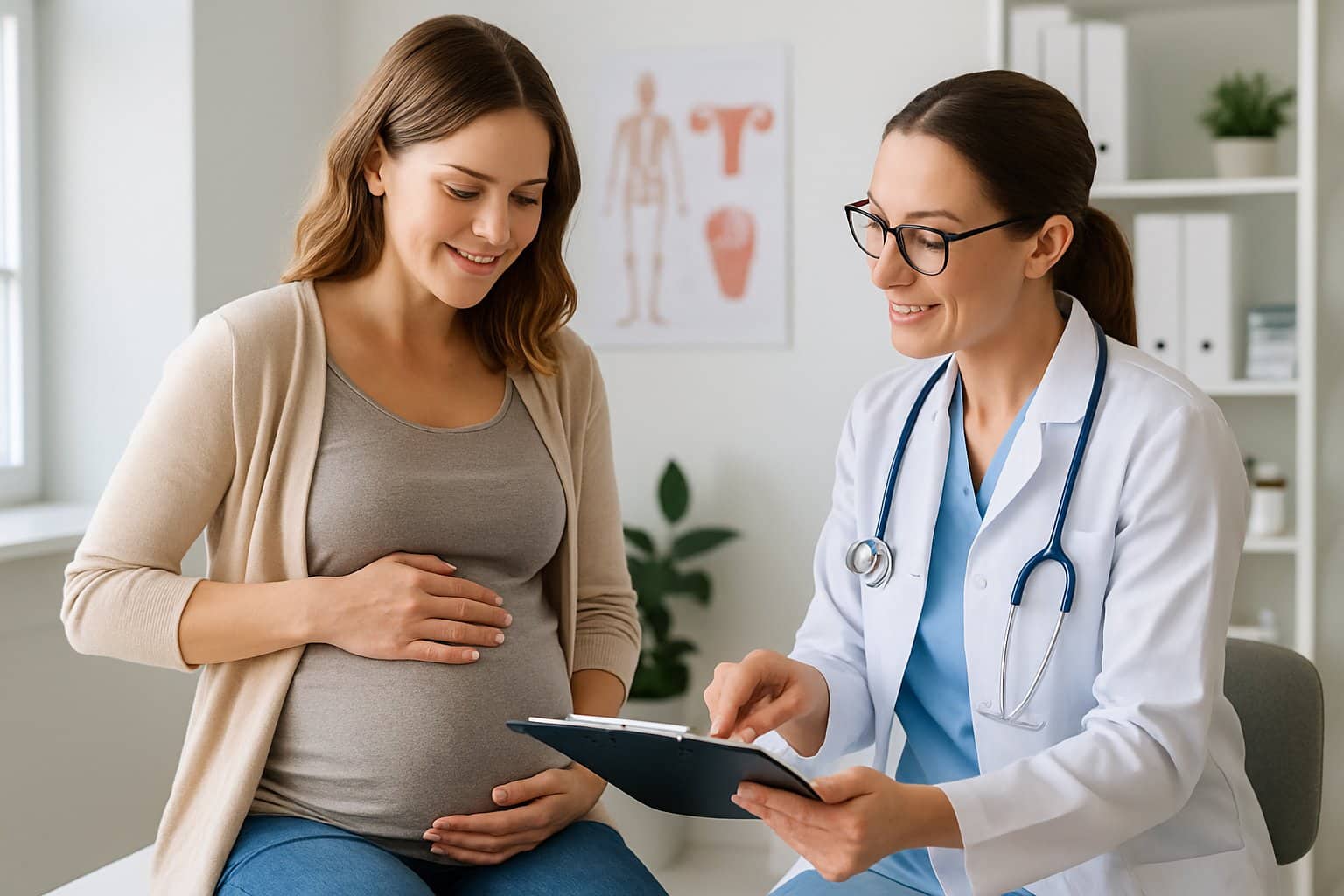 A pregnant woman consulting with a female healthcare professional in a medical office.