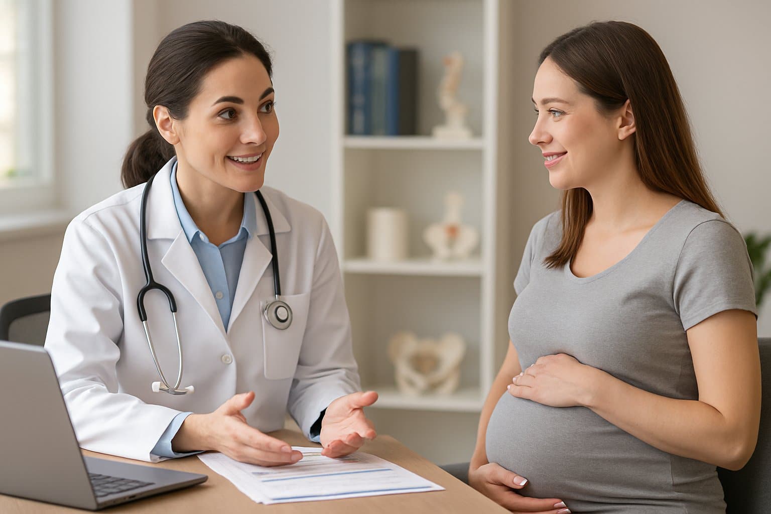 A pregnant woman talking with a female doctor in a medical office, both engaged in a caring conversation.