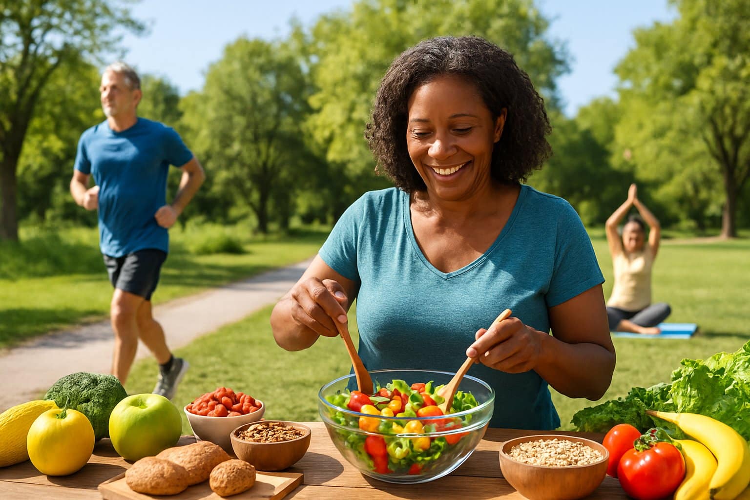 People enjoying healthy activities outdoors, including preparing fresh food, jogging, and doing yoga in a sunny park.