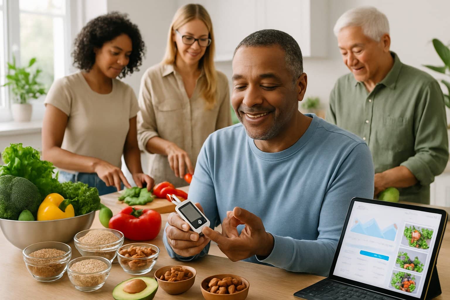 A middle-aged person measuring blood sugar at home while preparing fresh fruits and vegetables in a bright kitchen.