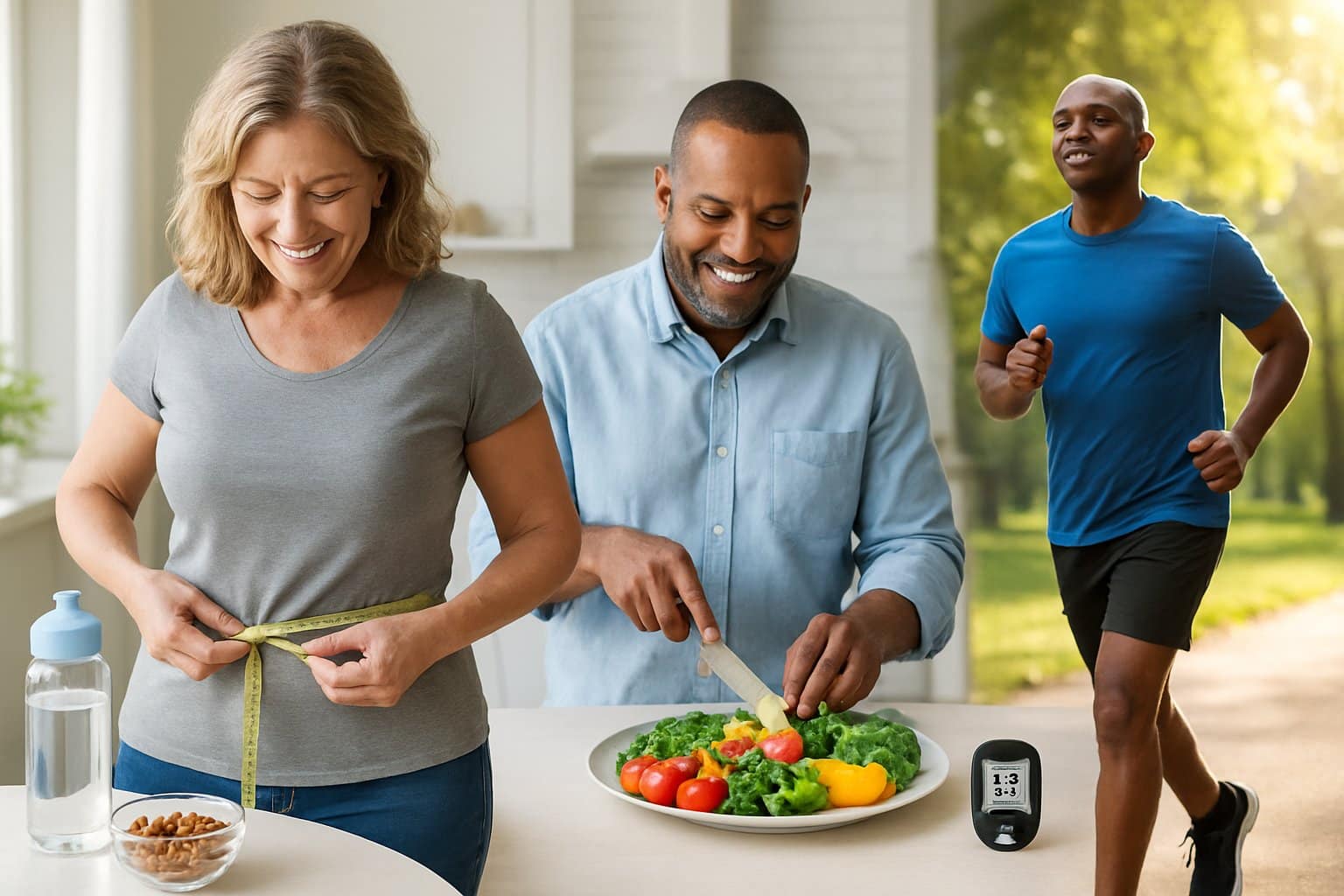 A group of adults engaging in healthy activities like measuring waist size, preparing fresh vegetables, and jogging outdoors.