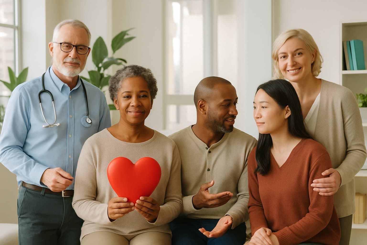 A diverse group of five adults in a bright room, each holding or showing objects symbolizing different aspects of sexual health, including physical health, emotional well-being, communication, relationships, and education.