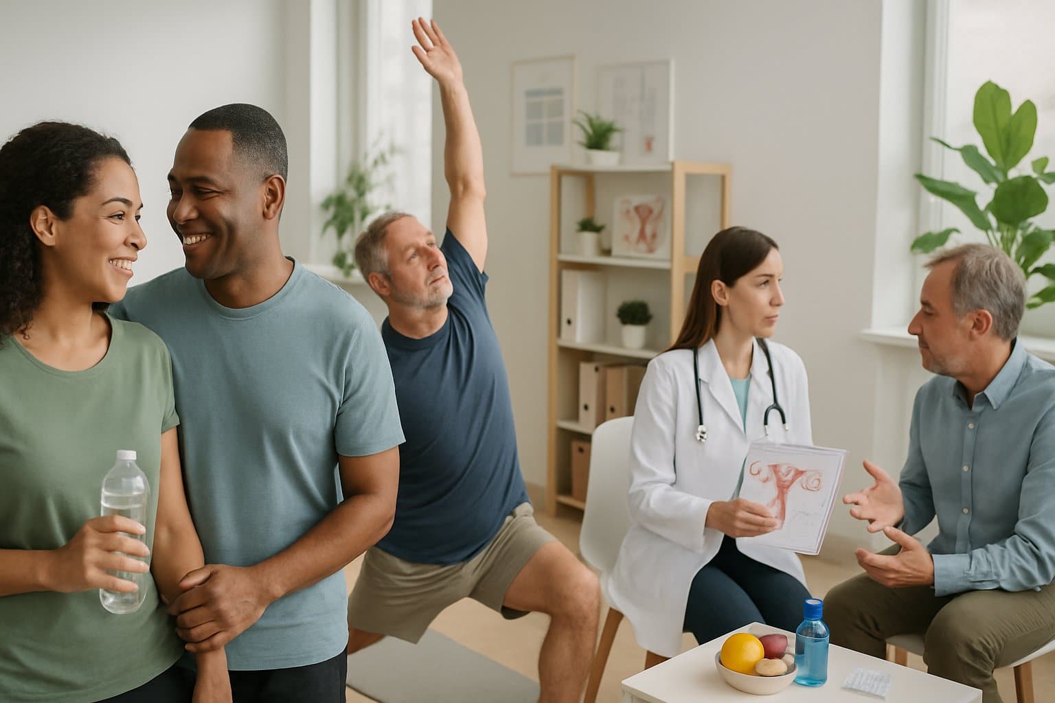 A diverse group of adults engaging in activities promoting reproductive health and hormonal balance in a wellness center, including consultation with a healthcare professional, yoga, and friendly conversation.