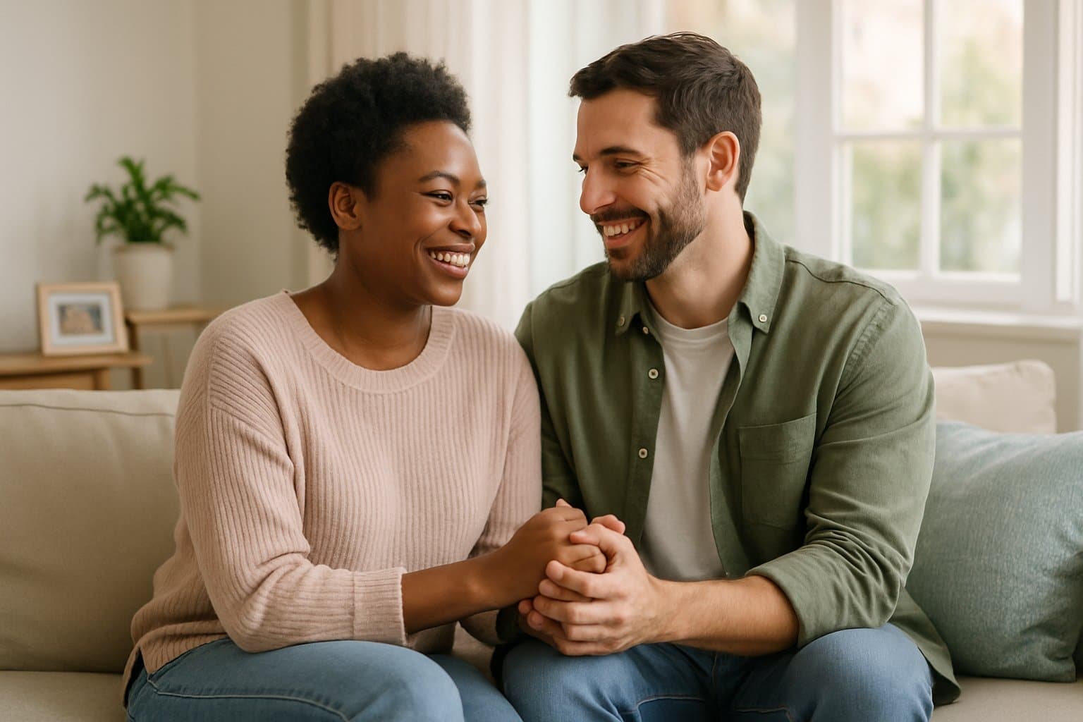 A diverse couple sitting closely on a sofa, smiling warmly and holding hands in a bright living room.
