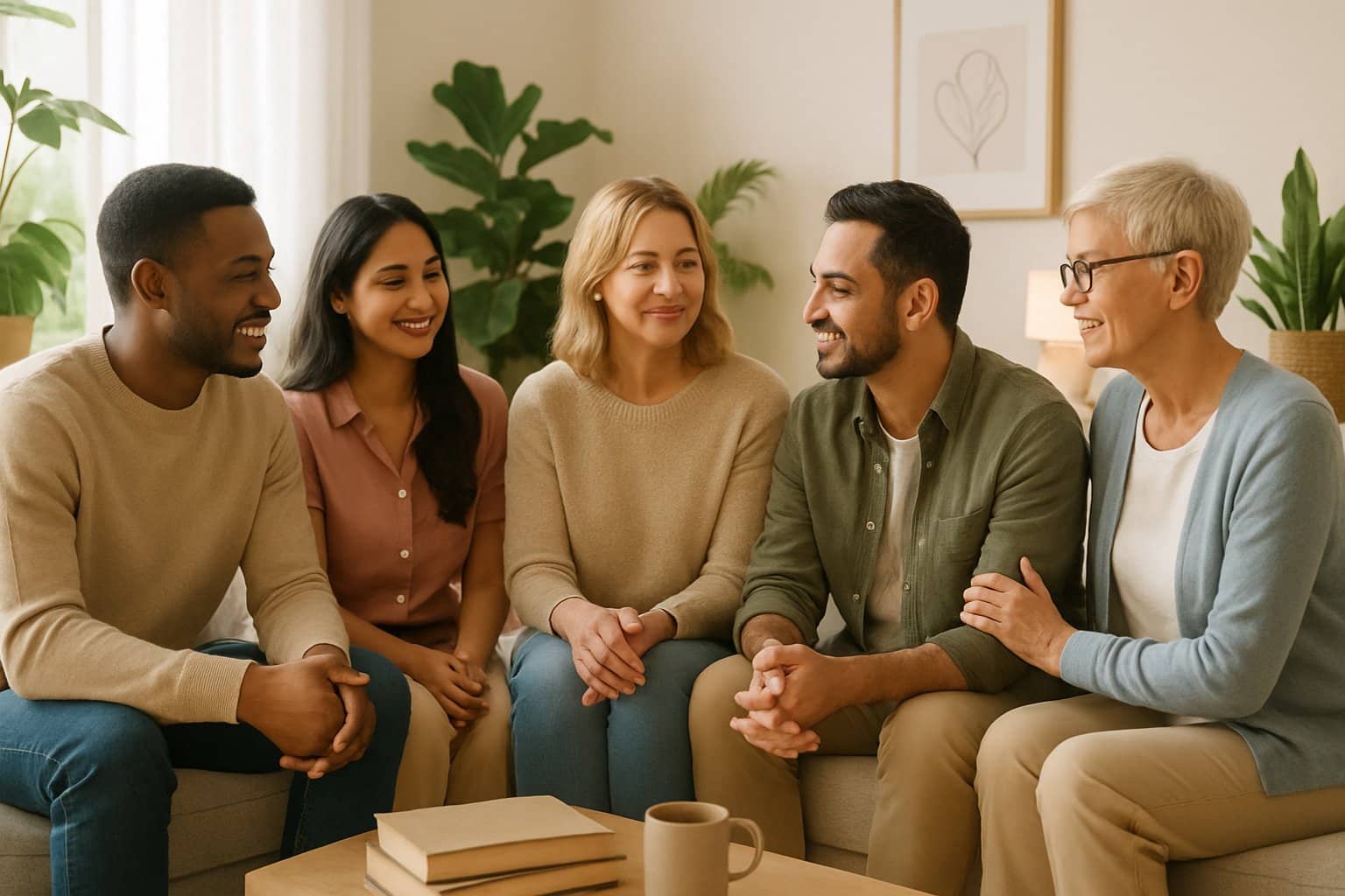 Five diverse adults sitting together in a bright living room, engaged in a warm and supportive conversation.