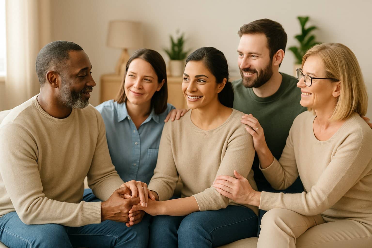 A diverse group of adults in a cozy room showing supportive and consensual interactions, smiling and communicating respectfully.