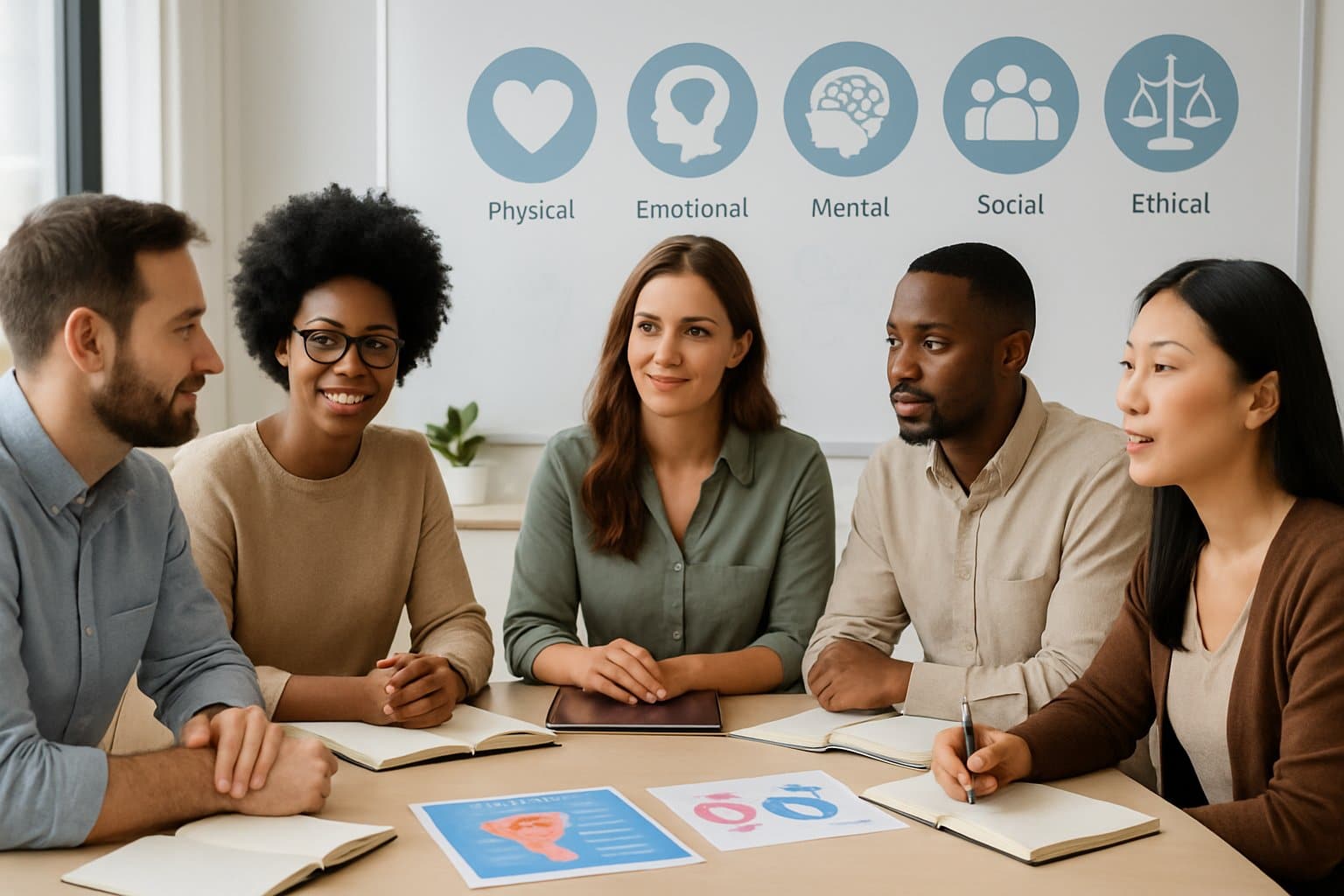 A diverse group of five adults sitting around a table in an office, engaged in a thoughtful discussion about sexual health with educational materials on the table.