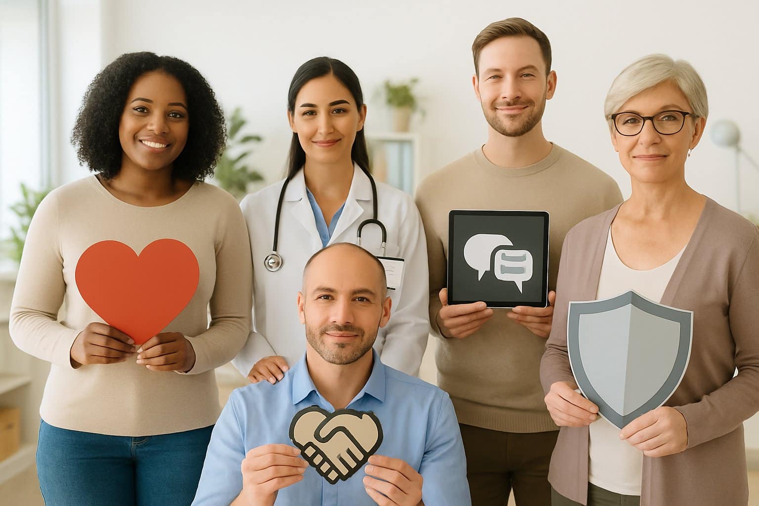 Five diverse adults in a bright wellness setting each holding symbols representing different aspects of sexual health.