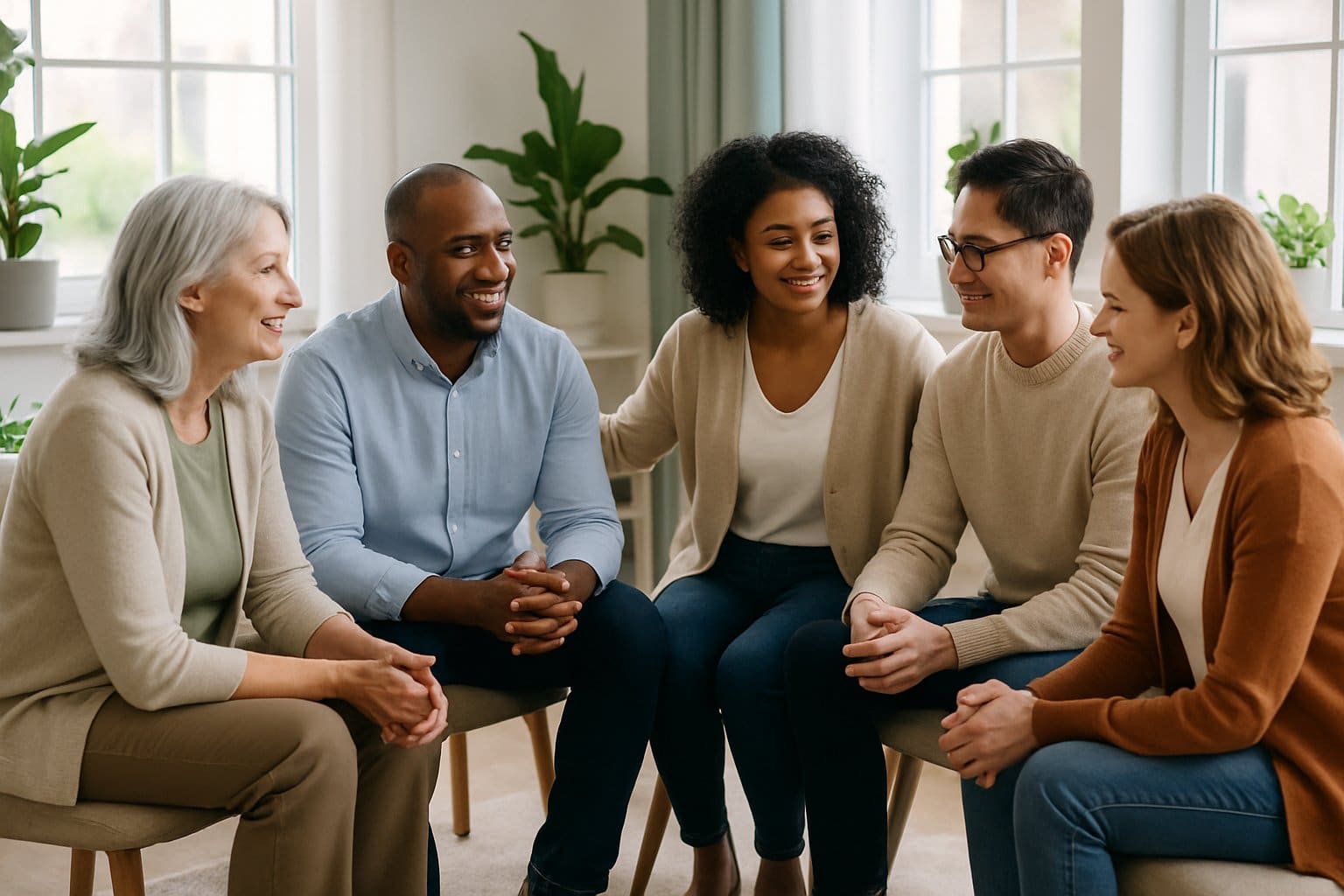 A diverse group of five adults sitting in a circle in a bright room, engaged in a supportive and positive conversation.