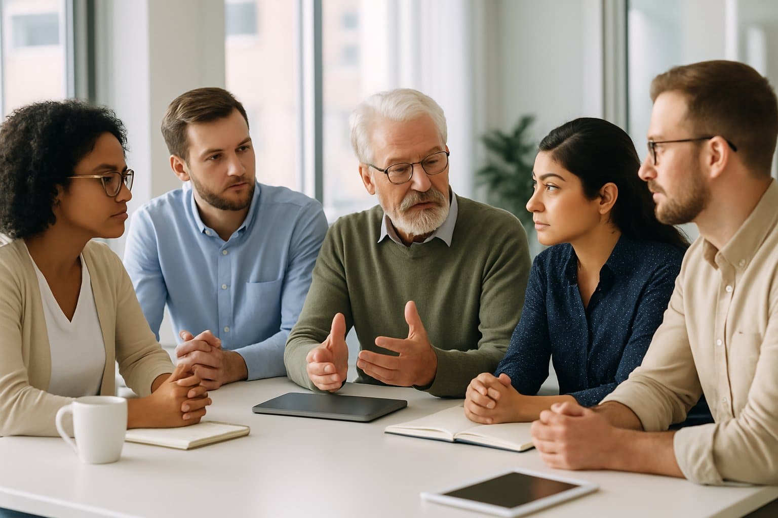 Five diverse adults sitting around a table in an office, engaged in a discussion.