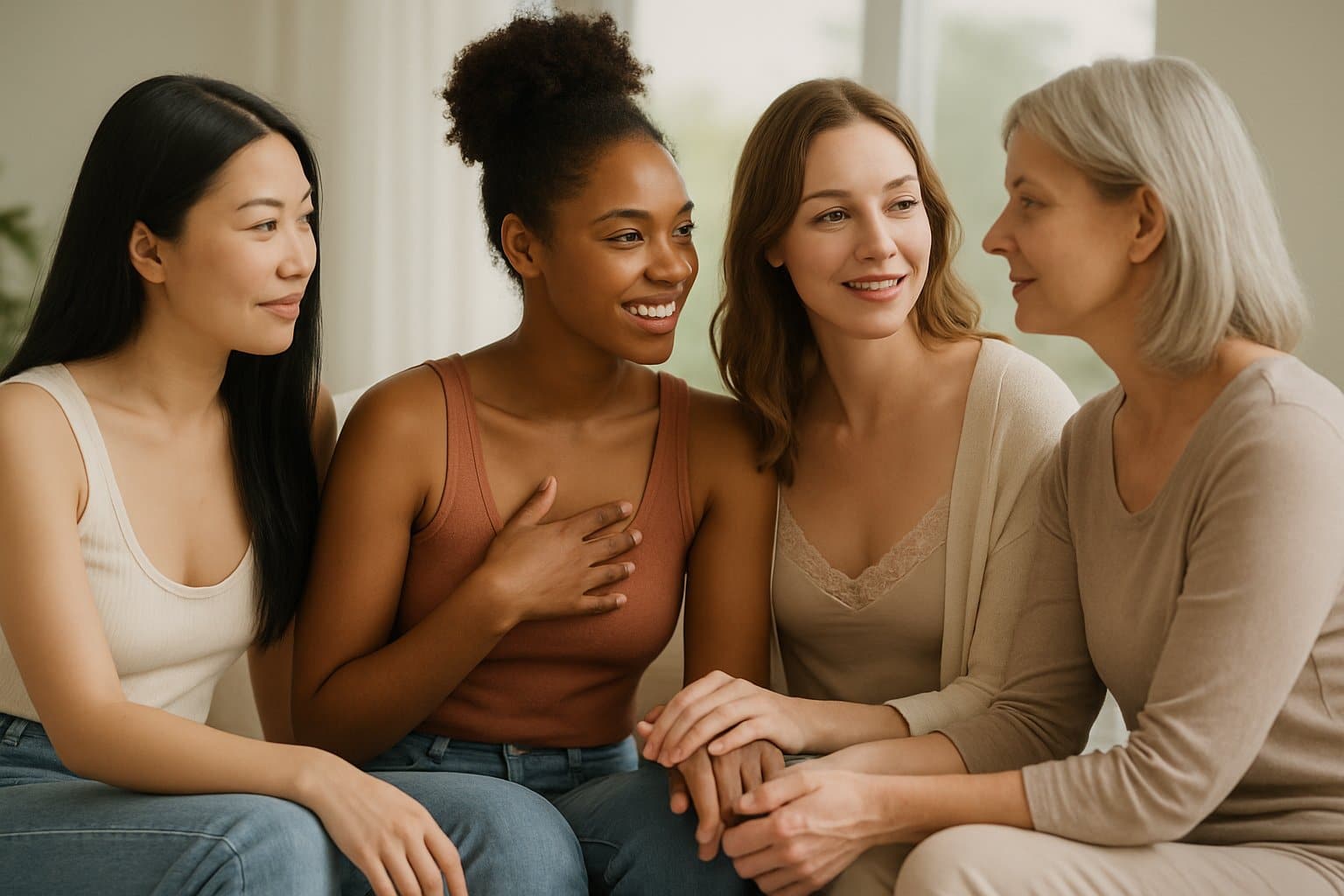 A diverse group of women sitting and talking together in a bright, comfortable setting, showing expressions of confidence and connection.