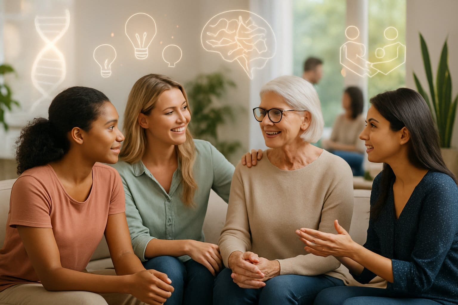 A diverse group of women engaging in thoughtful conversation and interaction in a bright, comfortable setting with subtle symbolic elements representing biology, psychology, and social connections.