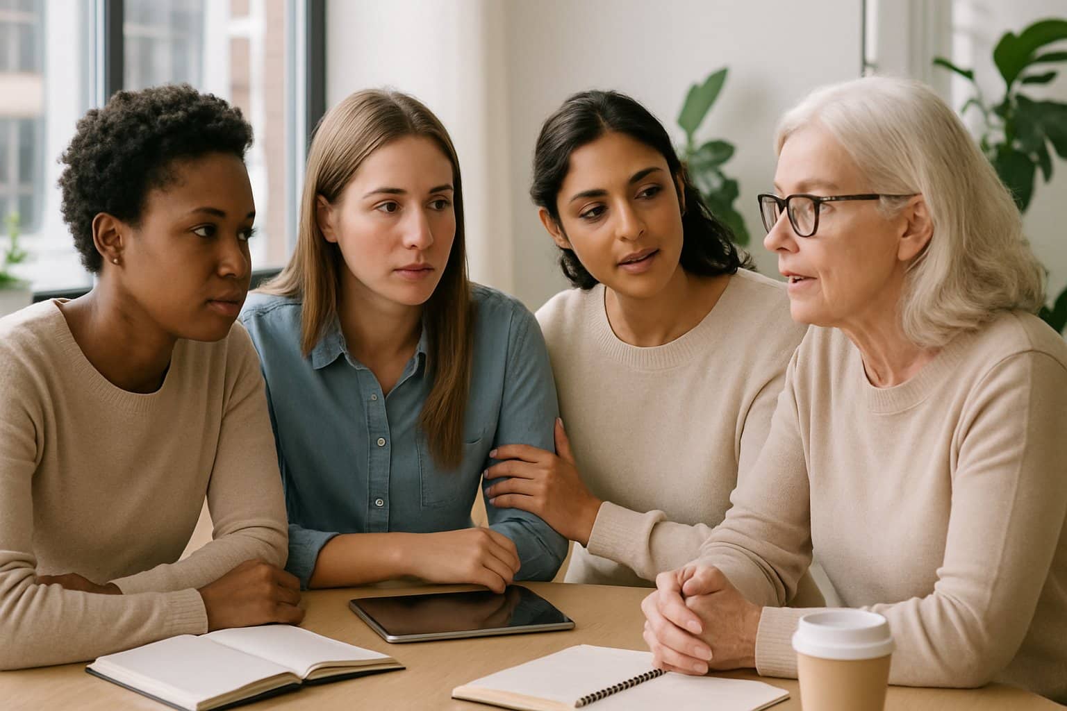 A diverse group of women having a supportive discussion around a table in a bright office.