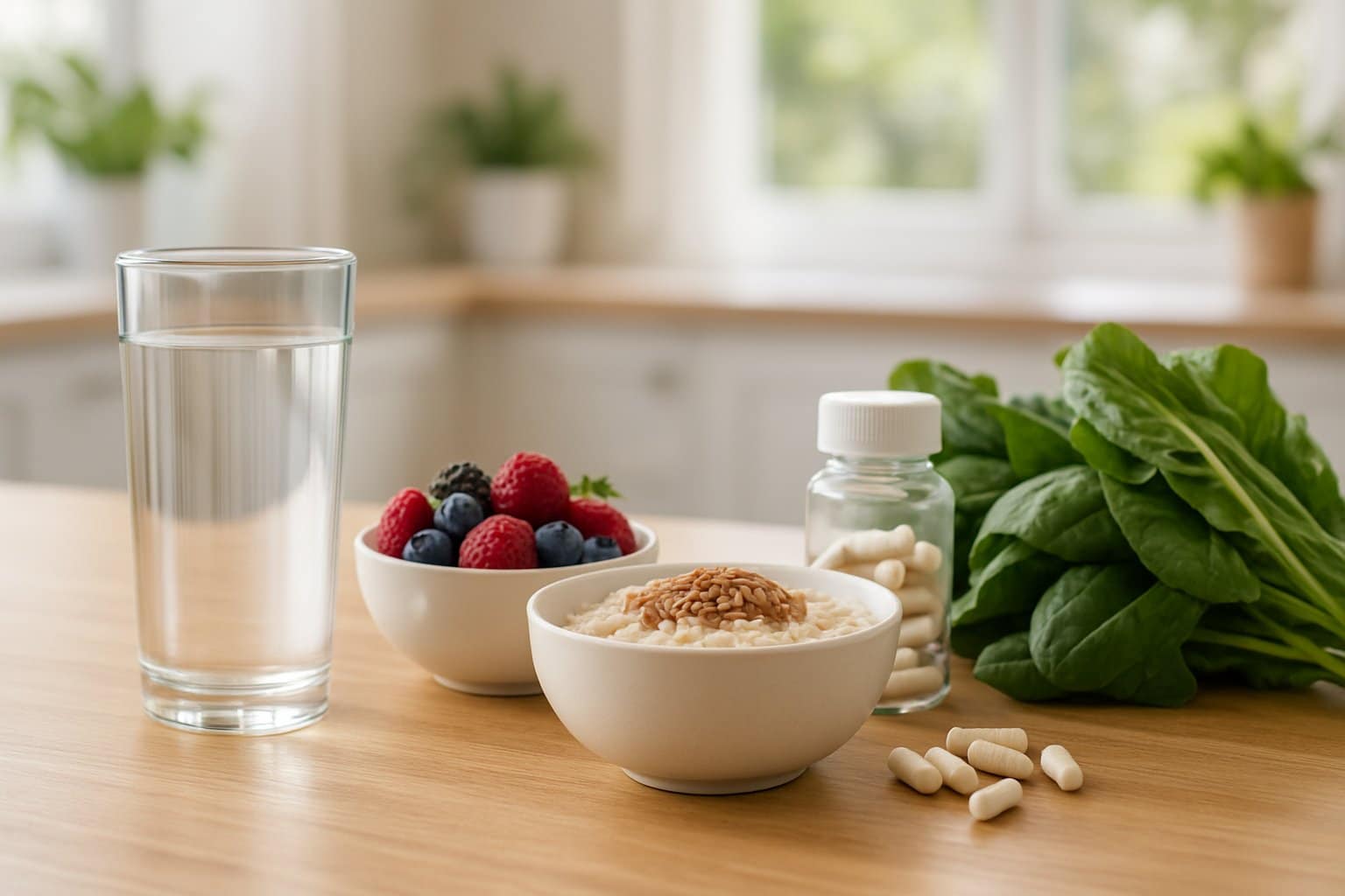 A kitchen countertop with a glass of water, fresh berries, oatmeal with flaxseeds, probiotic capsules, and leafy greens arranged neatly.