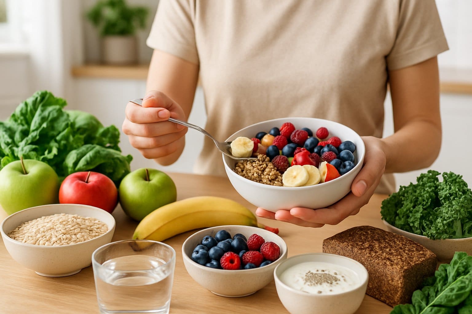 A person preparing a healthy meal with fresh fruits, vegetables, whole grains, and water on a kitchen table.