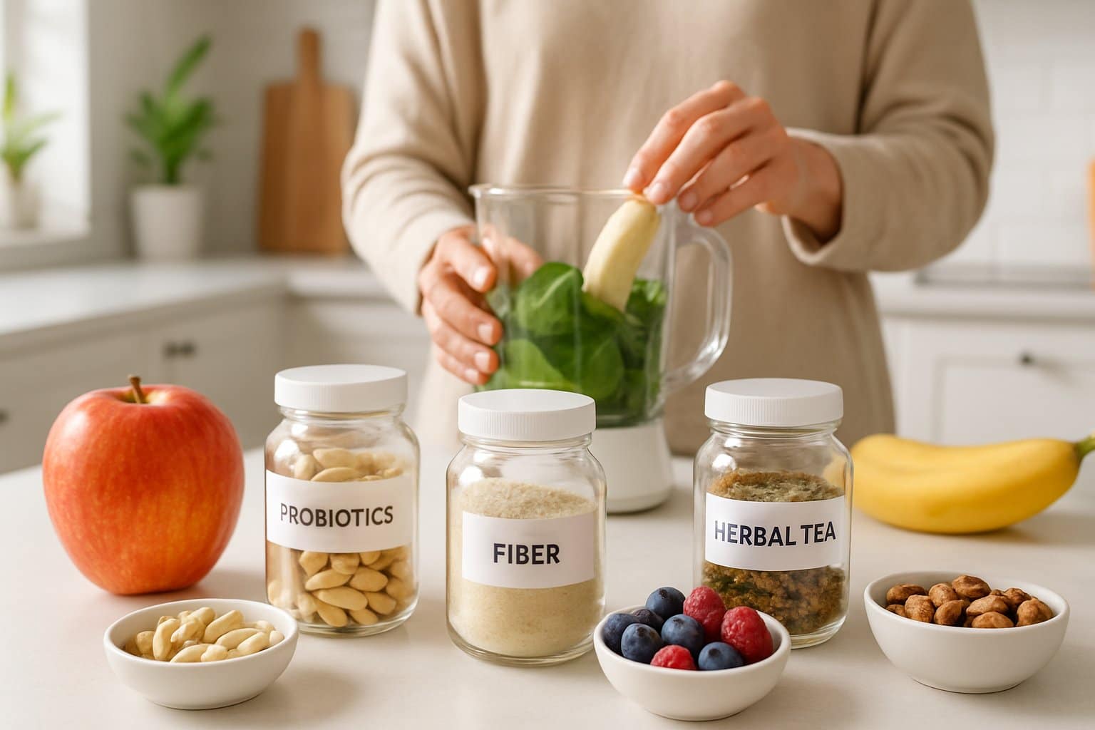 A kitchen countertop with supplements, fresh fruits, a glass of water, and hands preparing a healthy smoothie.