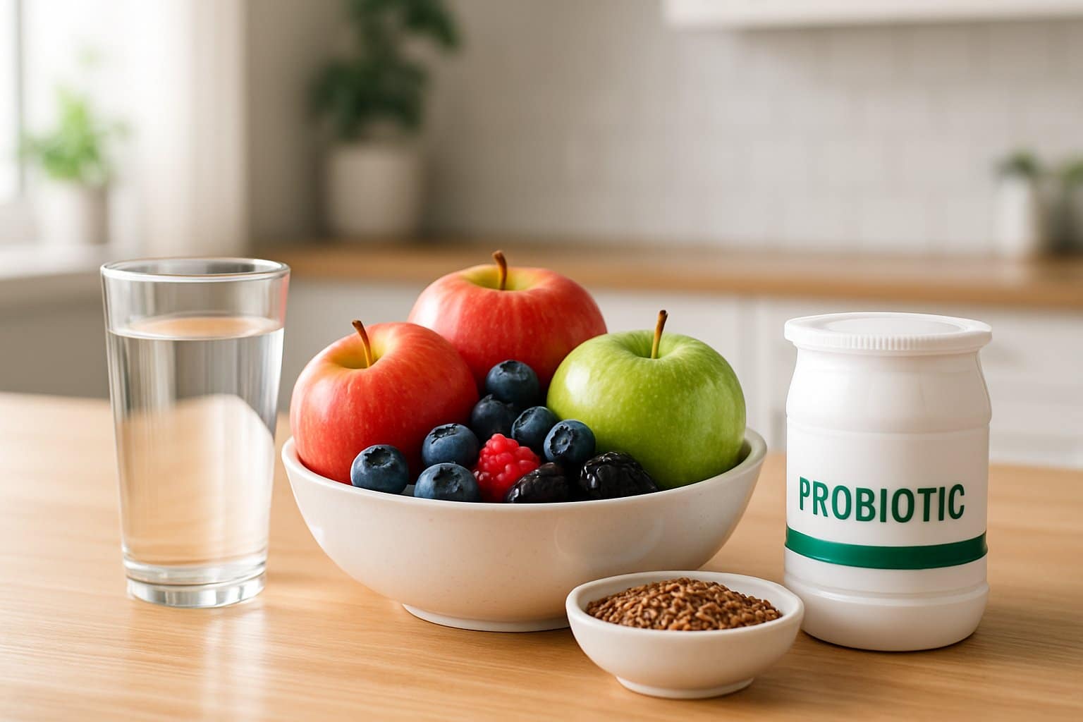 A kitchen countertop with a glass of water, bowl of fruits, flaxseeds, and yogurt arranged on a wooden surface.