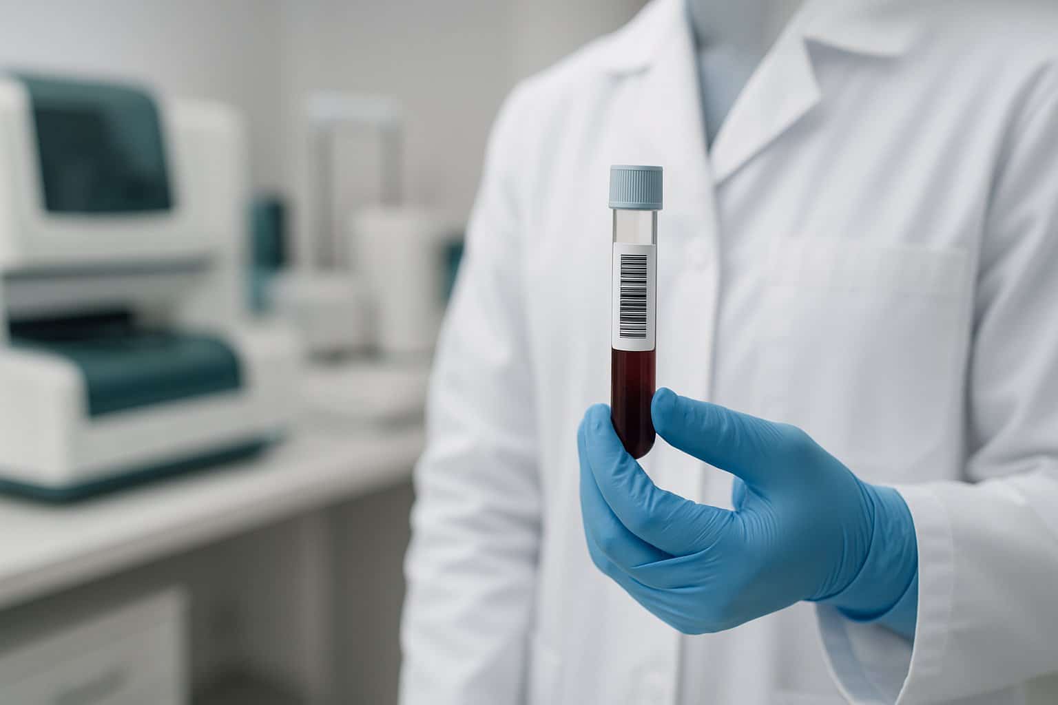 A lab technician holding a blood sample tube in a modern medical laboratory with testing equipment in the background.