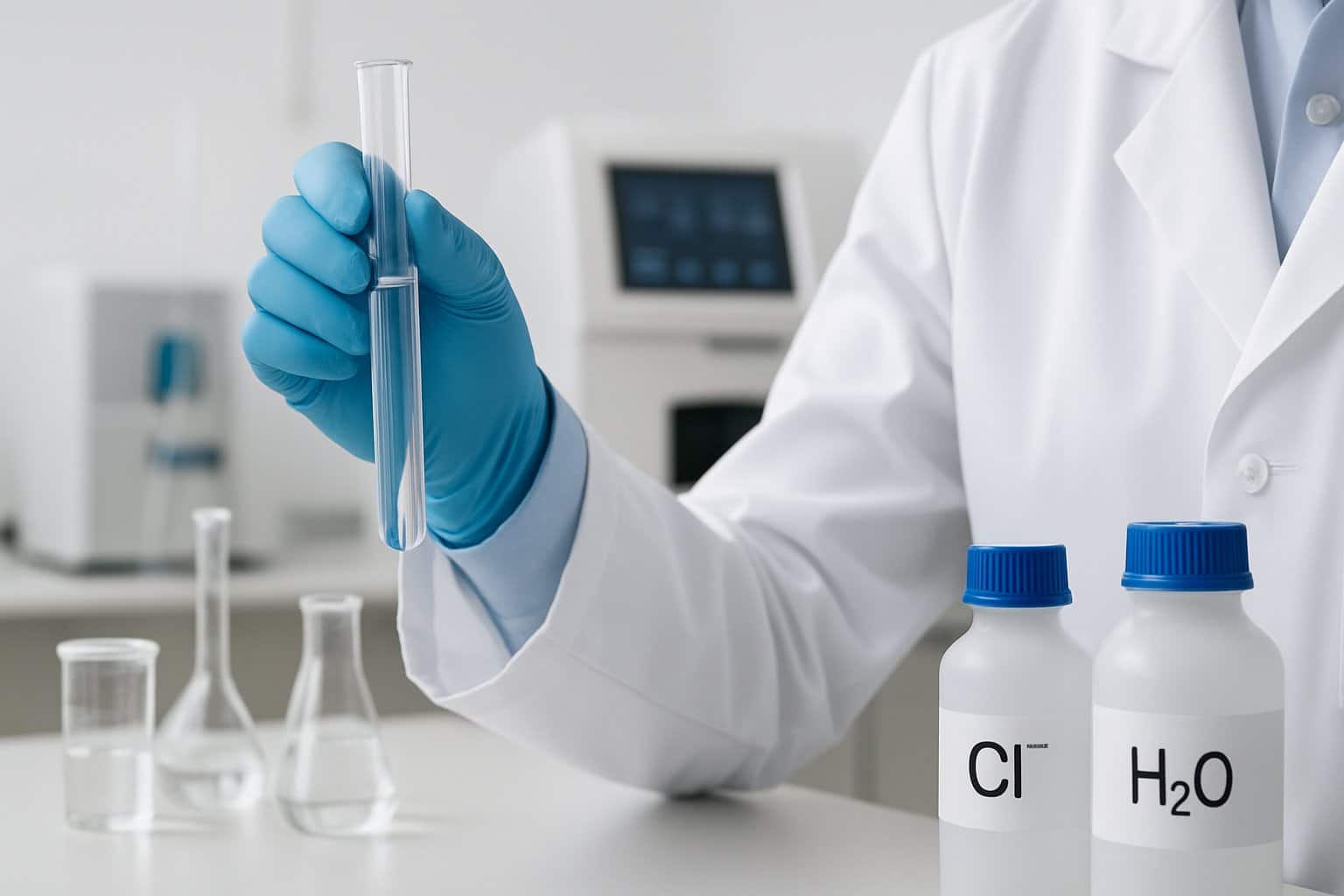 A scientist in a lab coat holding a test tube in a modern laboratory surrounded by scientific equipment.
