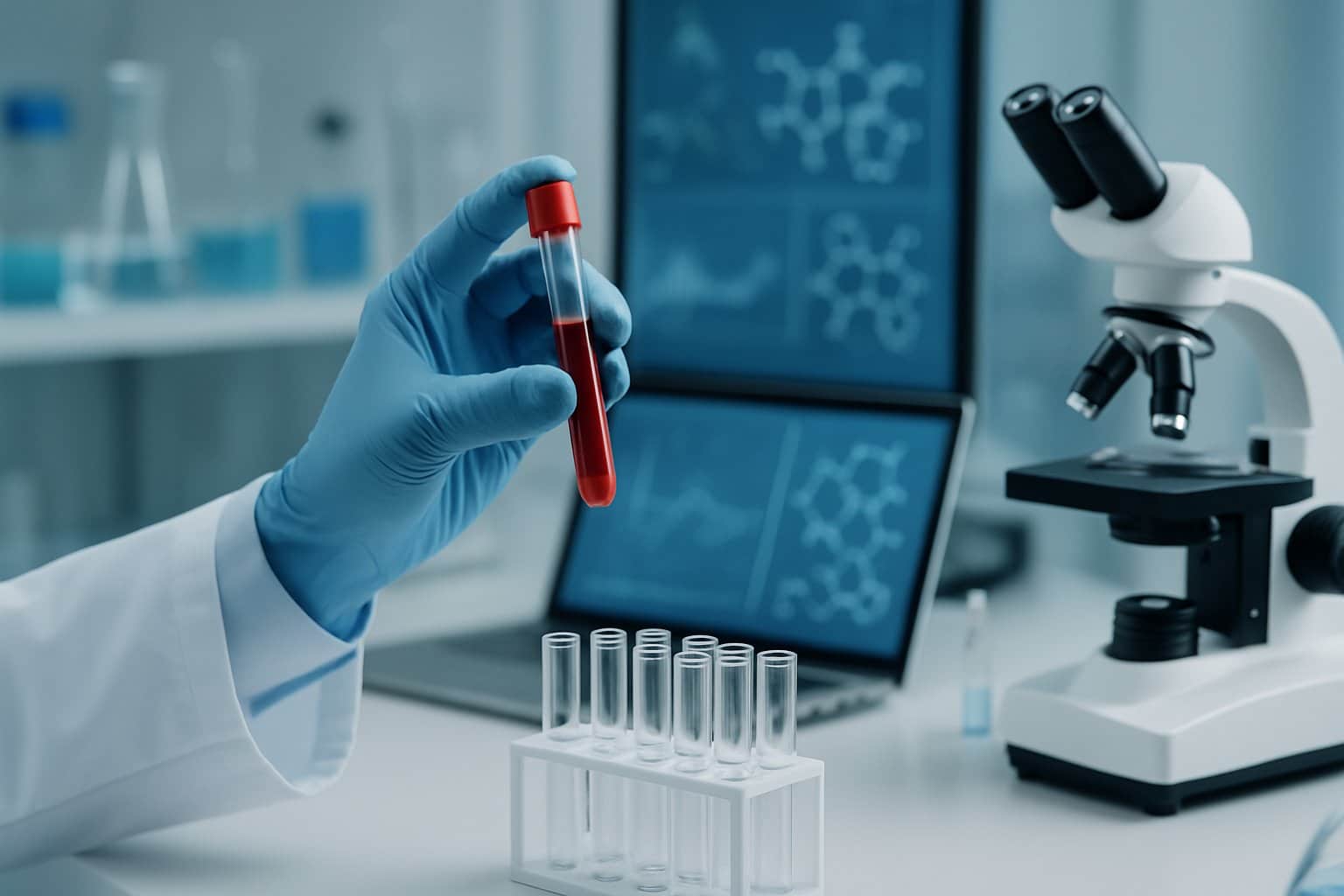 A scientist examining a blood sample in a laboratory surrounded by scientific equipment and charts.