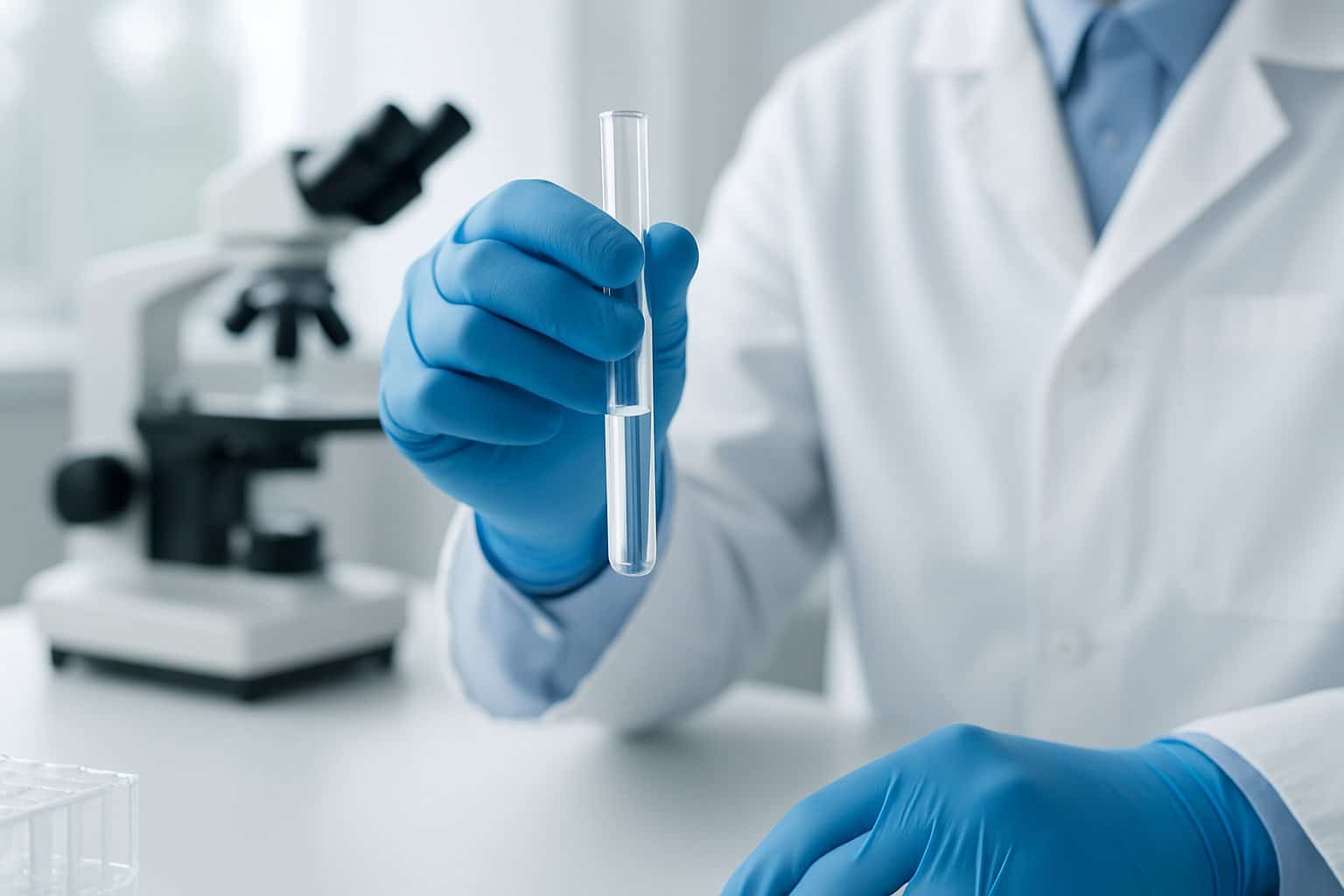 A scientist in a lab coat holding a test tube in a medical laboratory with scientific equipment in the background.