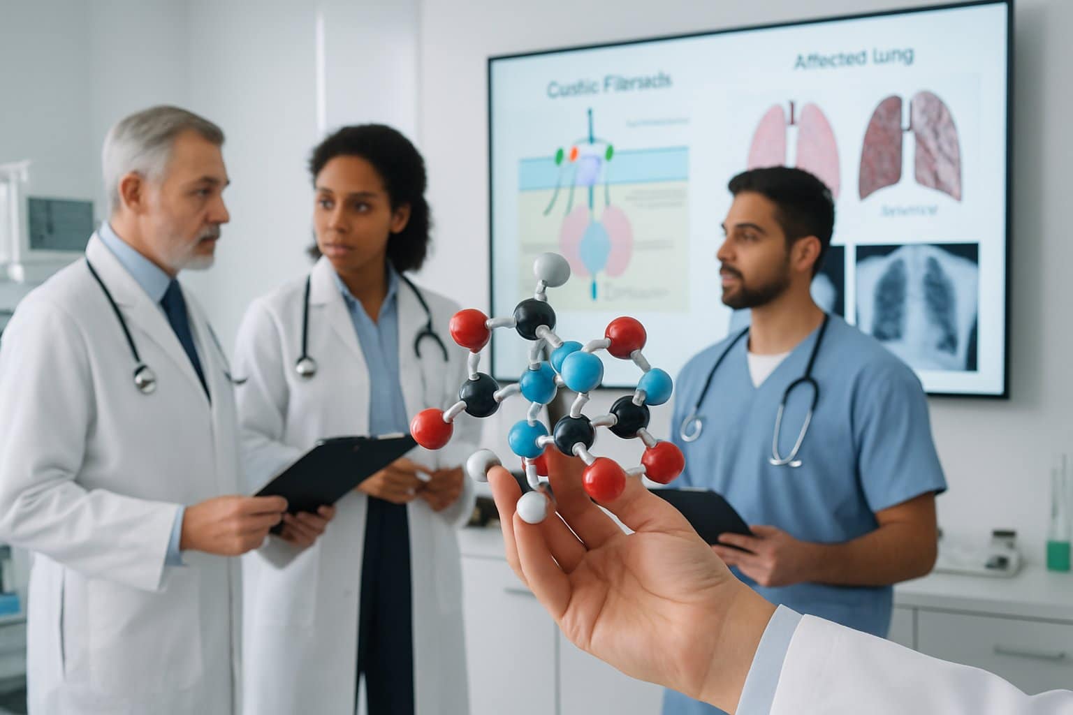 Medical professionals in a clinic reviewing lung X-rays and a scientist holding a molecular model of a chloride channel protein.