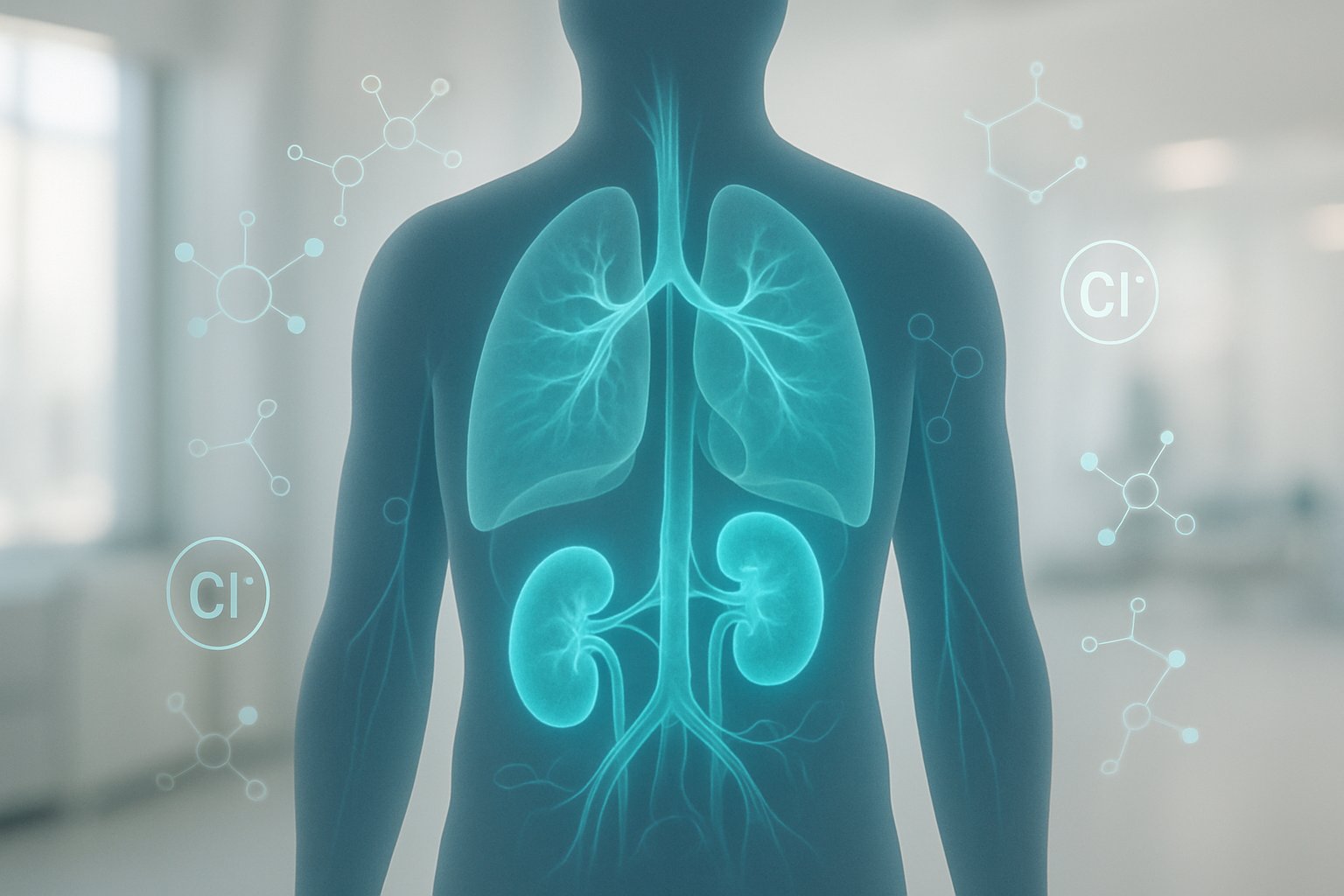 Close-up of a human body silhouette with highlighted internal organs and molecular structures representing chloride ions in a medical setting.
