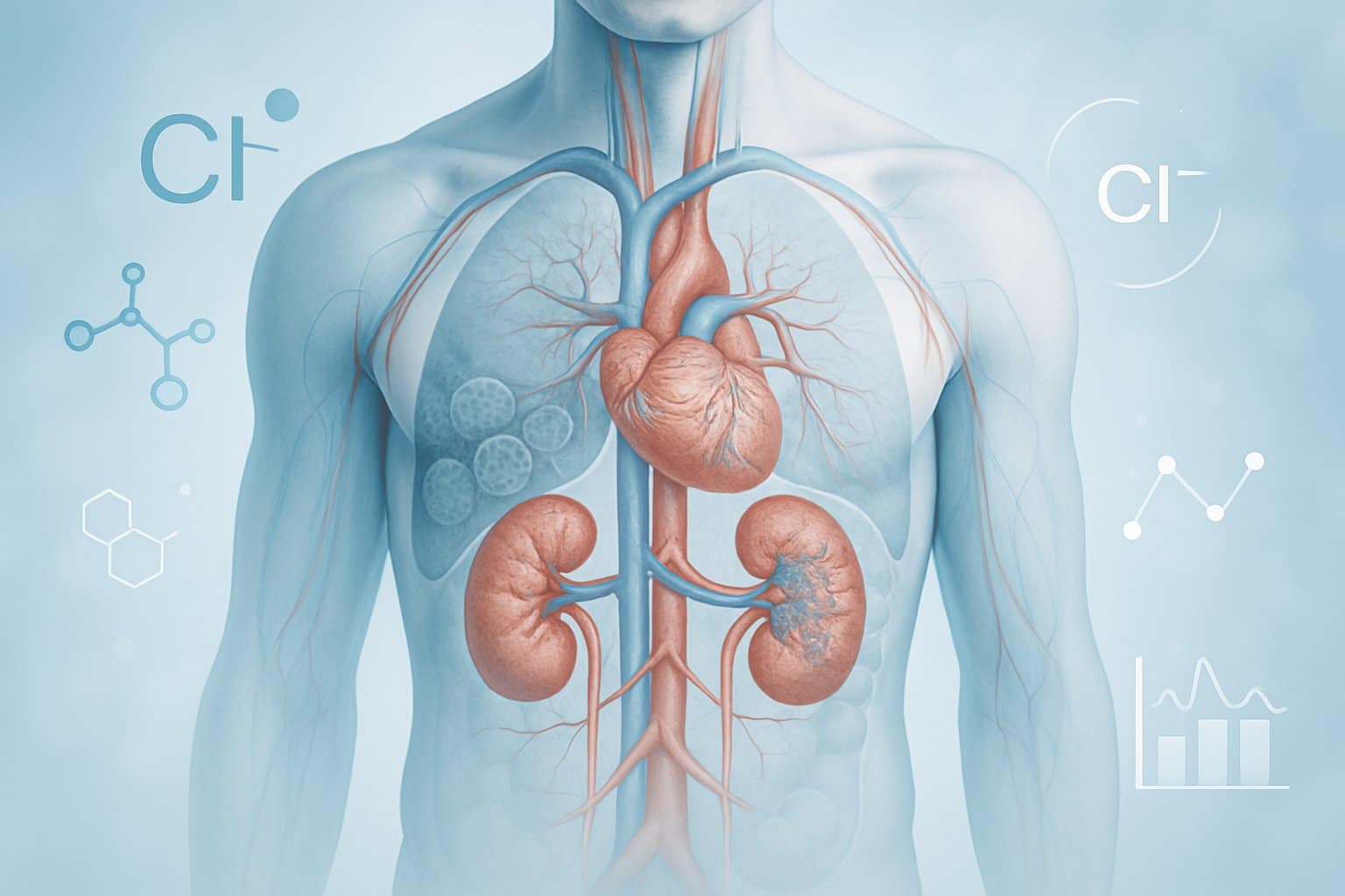 An anatomically detailed human torso with kidneys and blood vessels highlighted, surrounded by molecular diagrams representing chloride ions and electrolyte balance.