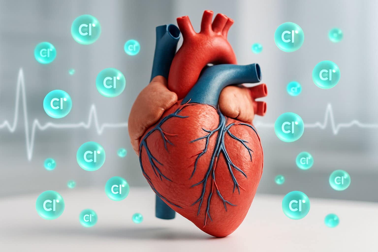 Close-up of a human heart model with glowing chloride ions floating around and an electrocardiogram waveform in the background.