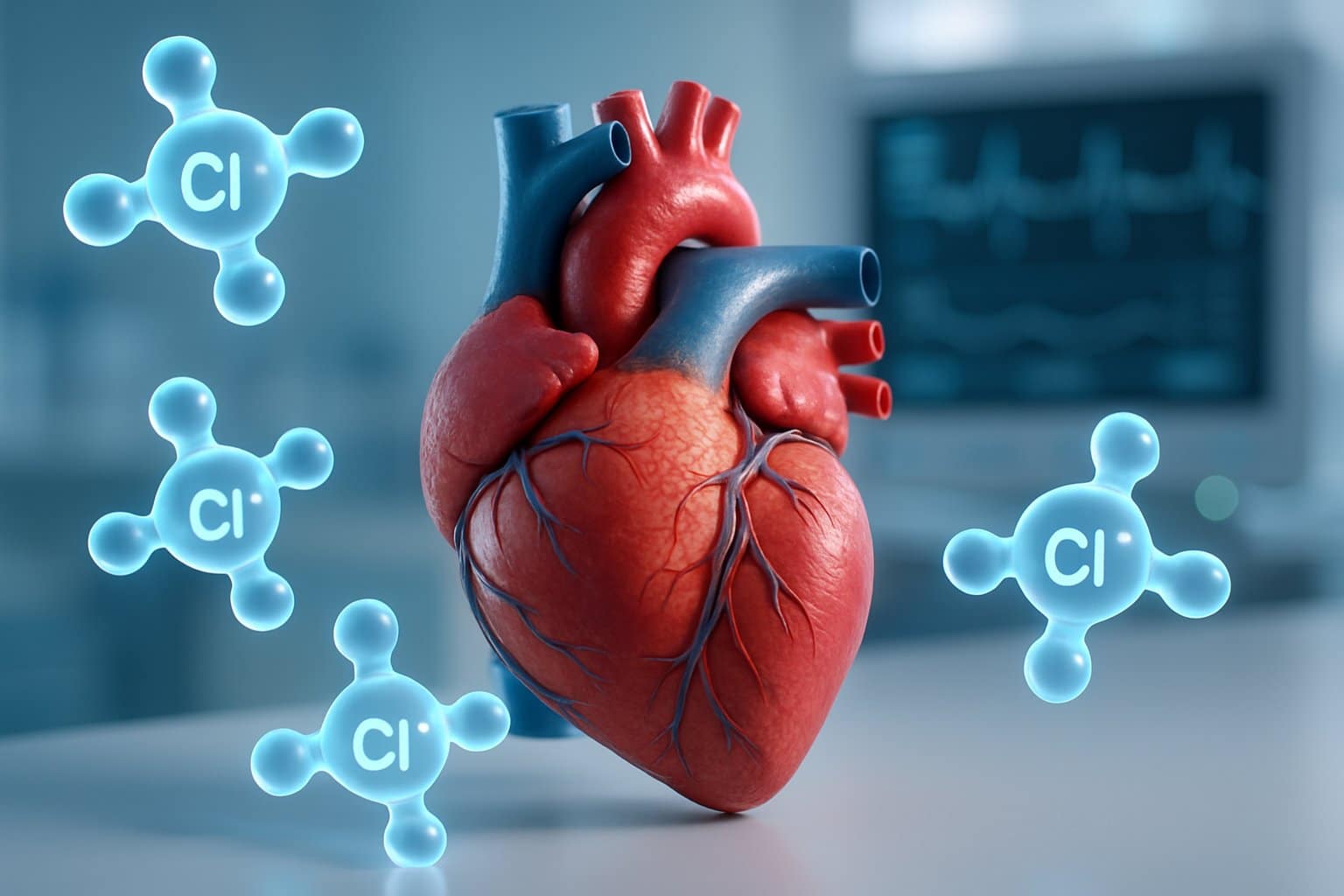 Close-up of a human heart model surrounded by glowing blue chloride ions with a medical monitor displaying heart activity in the background.