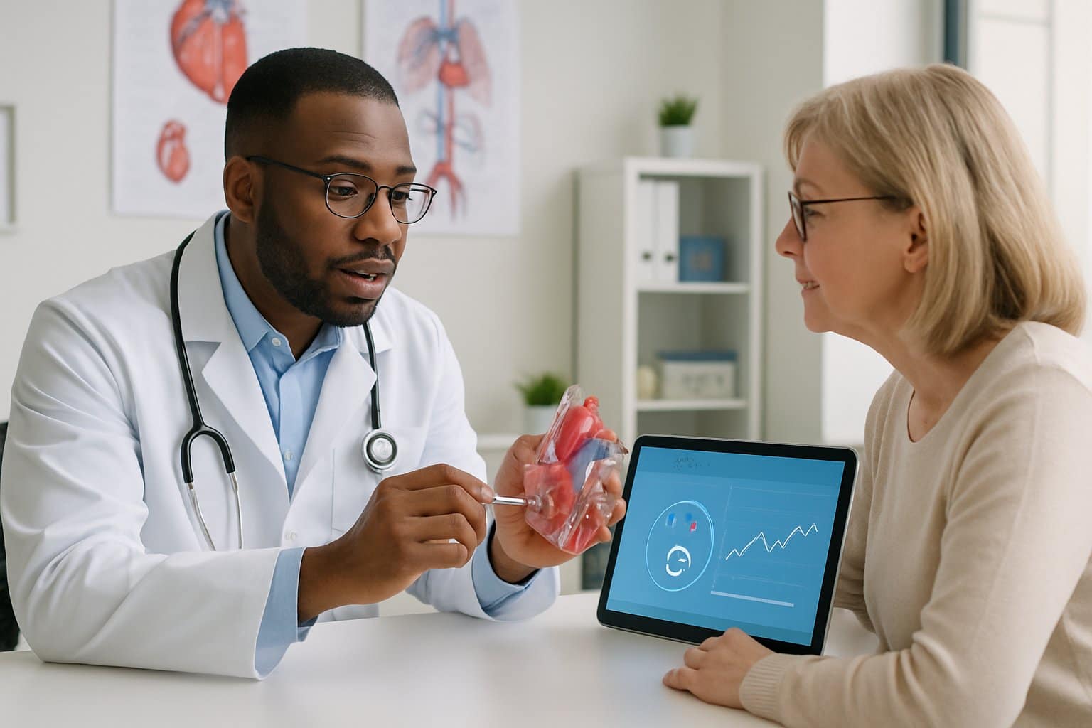 A doctor showing a heart model to a patient during a medical consultation in a bright office.
