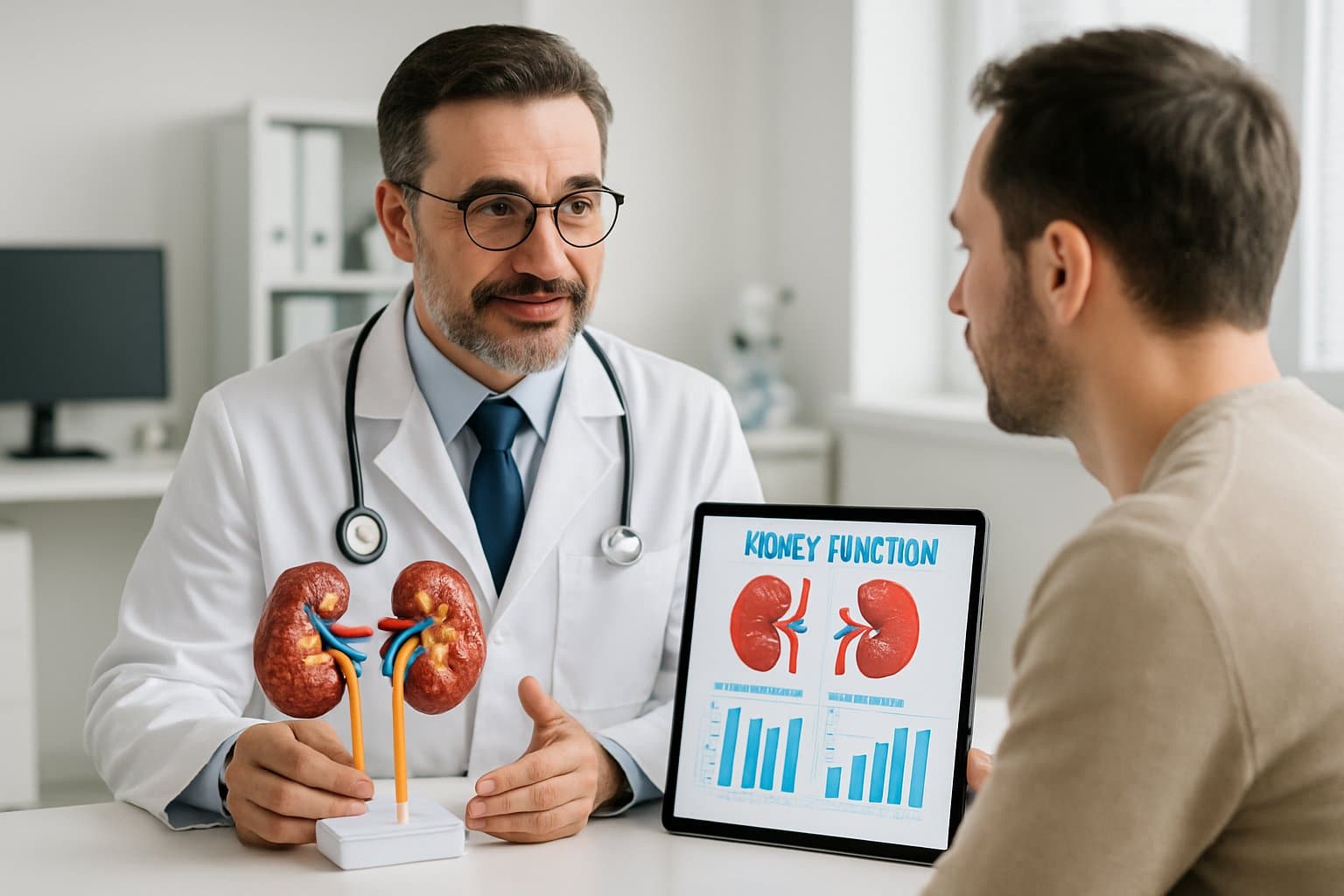 A doctor explaining kidney health to a patient using a kidney model and tablet in a medical office.