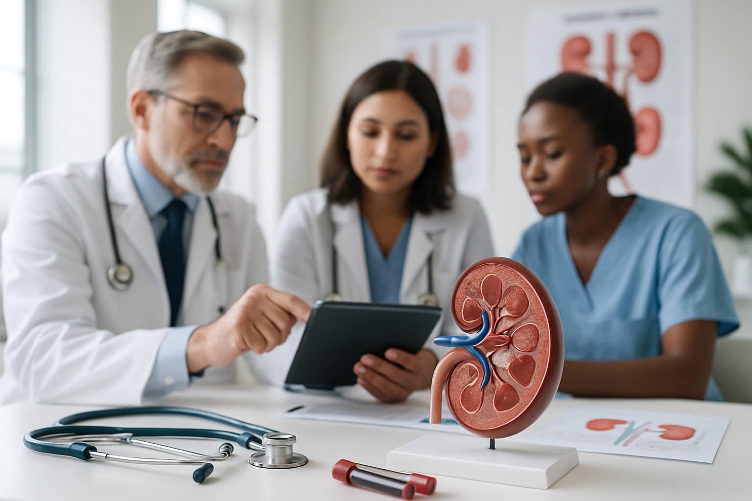 Medical professionals reviewing kidney health charts with a kidney model and medical instruments on a desk in a clinic.