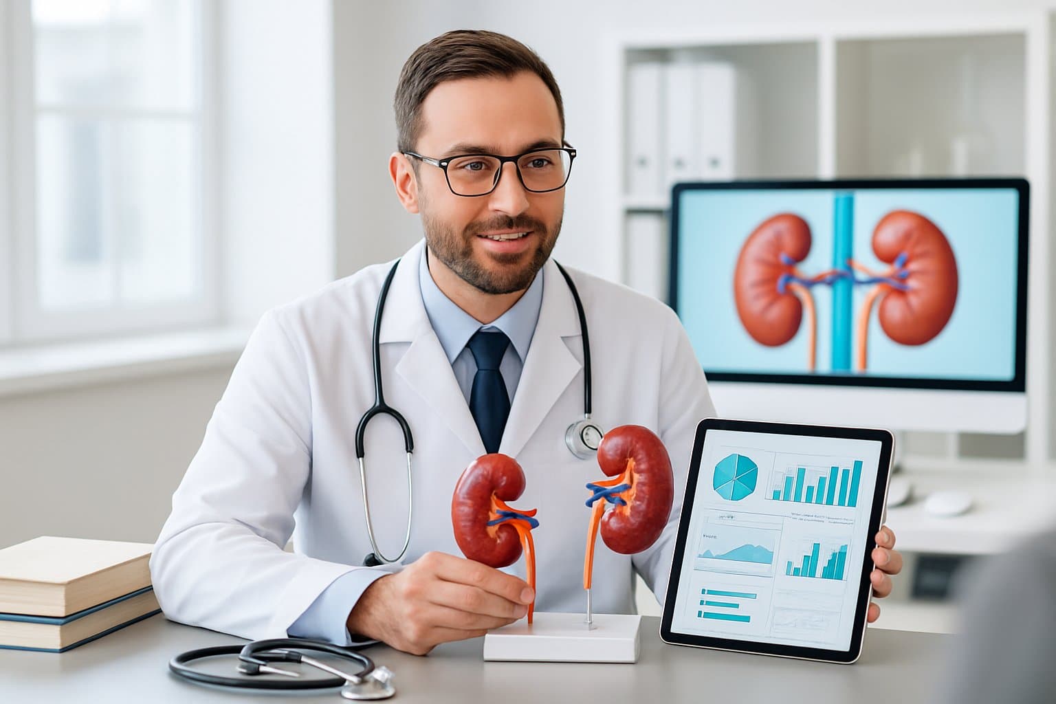 A doctor explaining kidney health to a patient using a kidney model and digital tablet in a medical office.