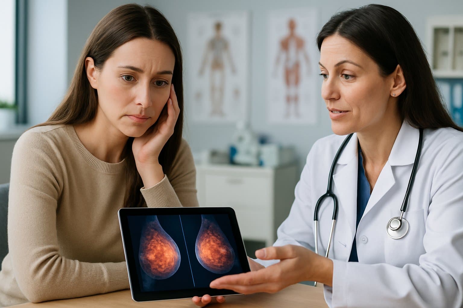 A woman talking with a female doctor in a medical office, looking concerned while the doctor explains something using a tablet.