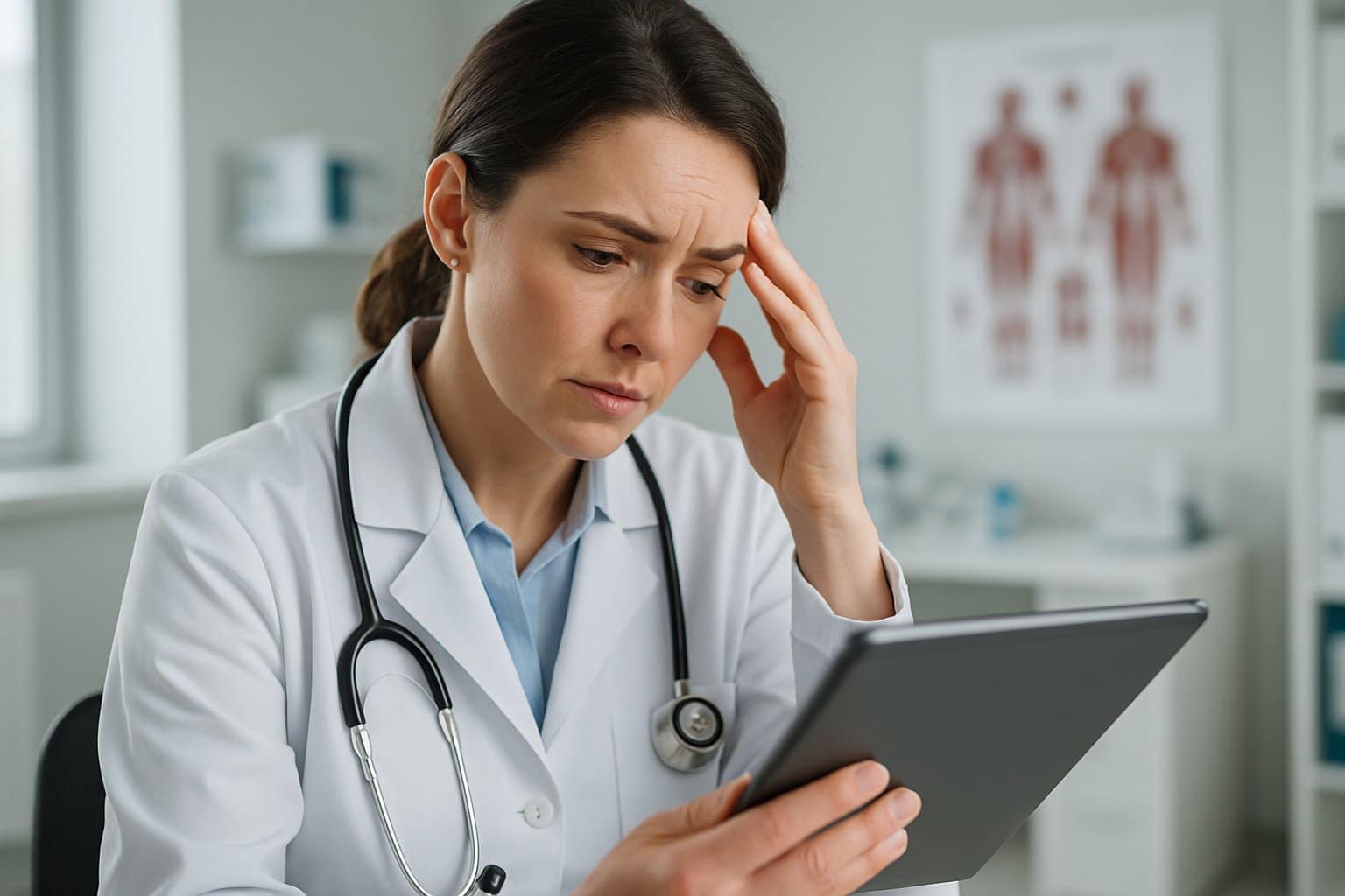 A female doctor reviewing medical reports on a tablet in a modern clinic, appearing thoughtful and focused.