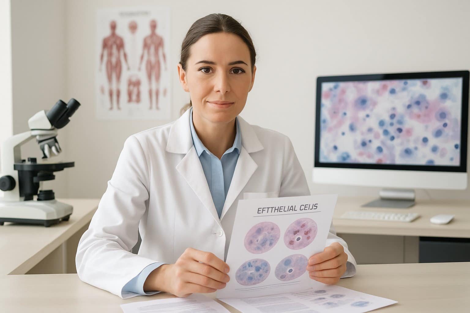 A female doctor examining medical slides in a bright office with a microscope and computer.