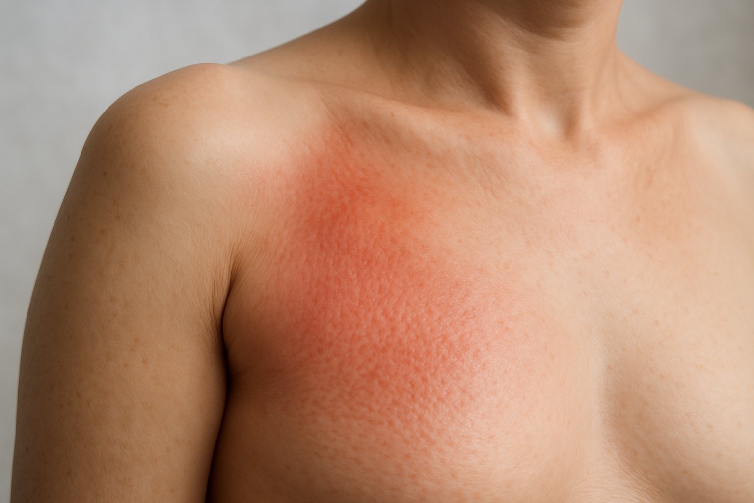 Close-up of a woman's upper chest and shoulder showing redness and textured skin with a dimpled appearance.