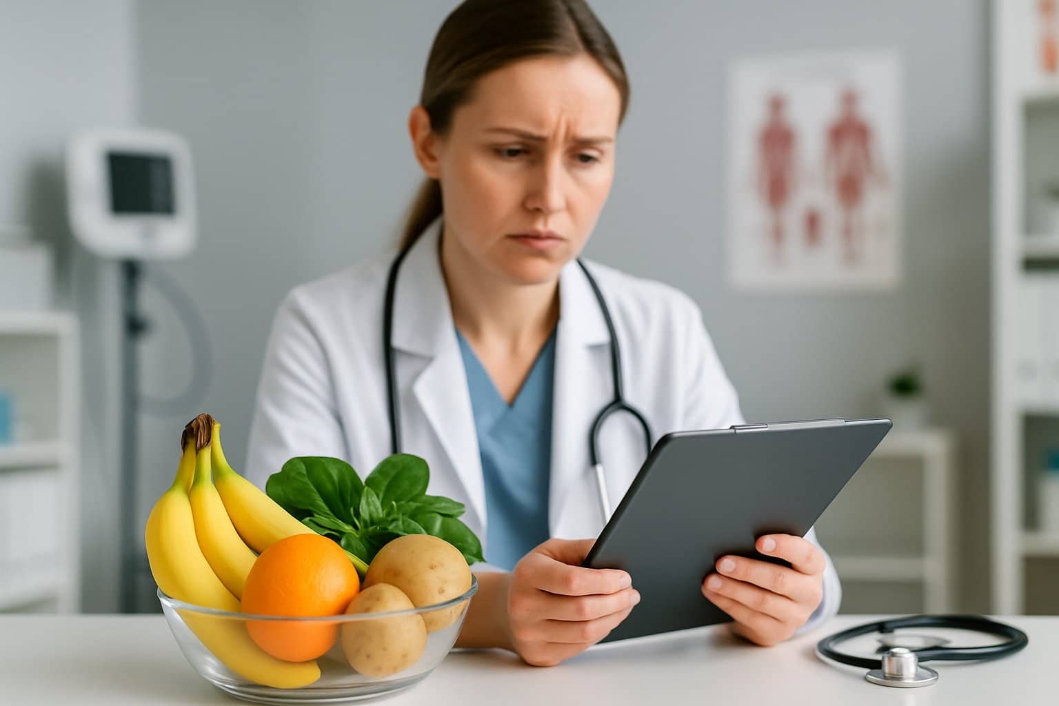 A healthcare professional reviewing blood test results in a medical office with a bowl of potassium-rich foods on the table.