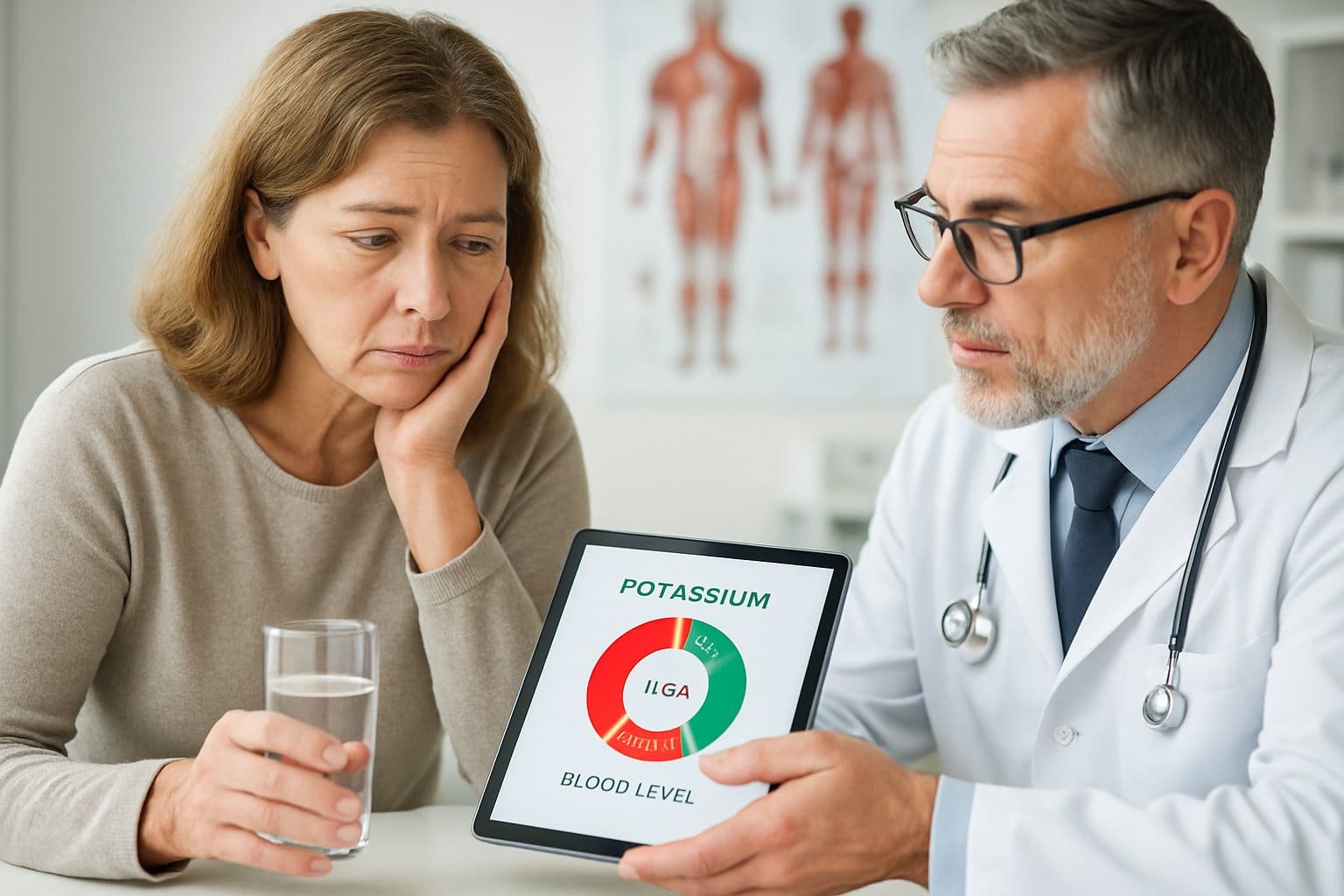 A woman and a doctor discussing medical information in a clinic, with the doctor showing a tablet to the woman.