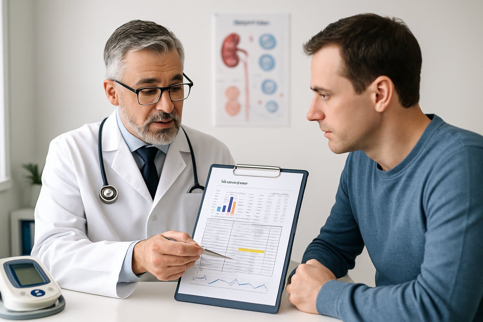 A doctor explaining blood test results to a patient in a medical office.