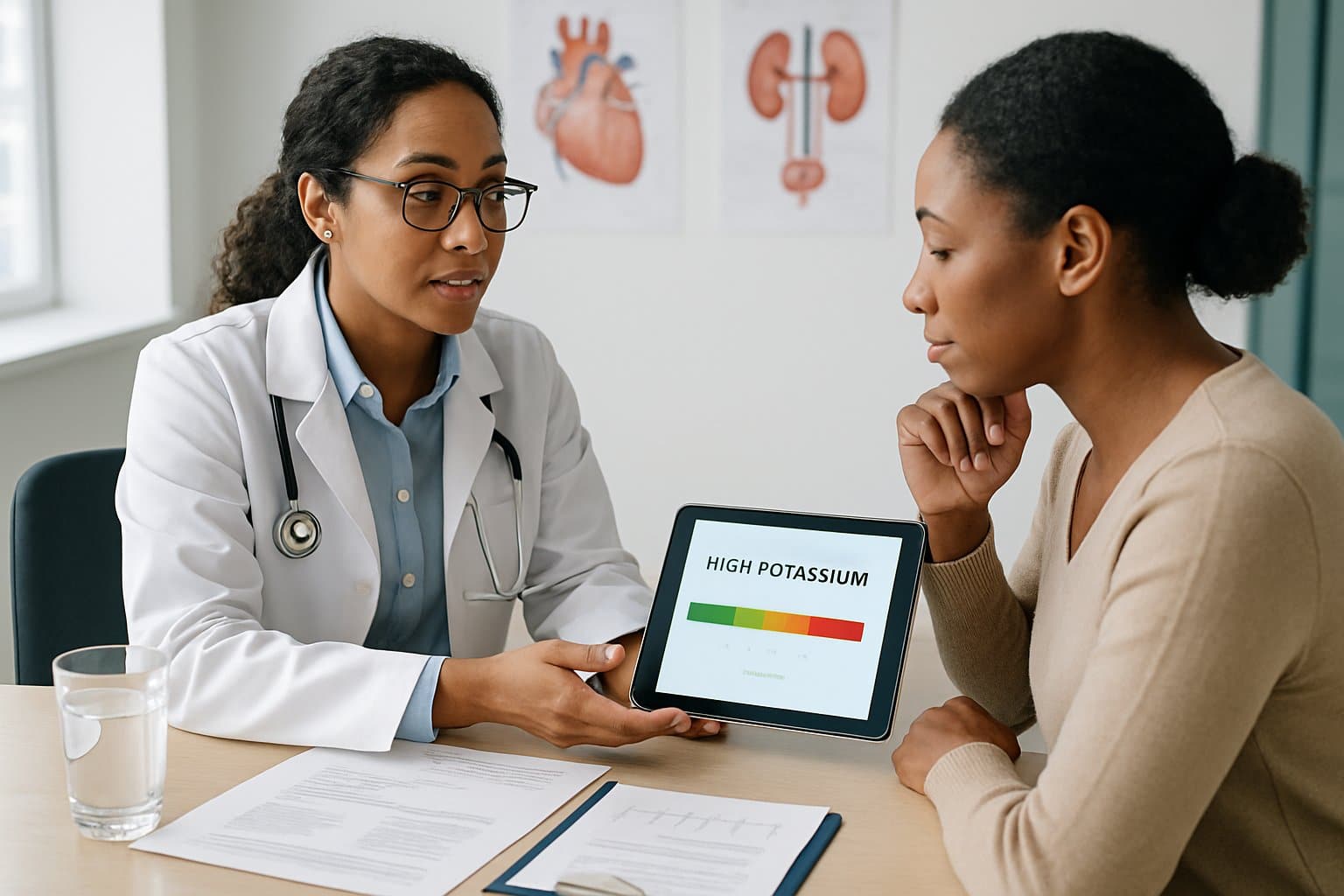 A doctor and patient discussing health information in a bright clinic room with medical charts and a tablet on the desk.