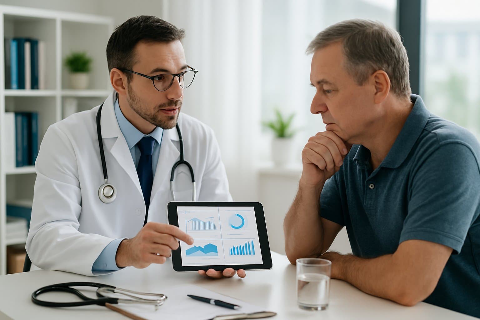 A doctor consulting with a middle-aged patient in a medical office, showing a tablet with health information.