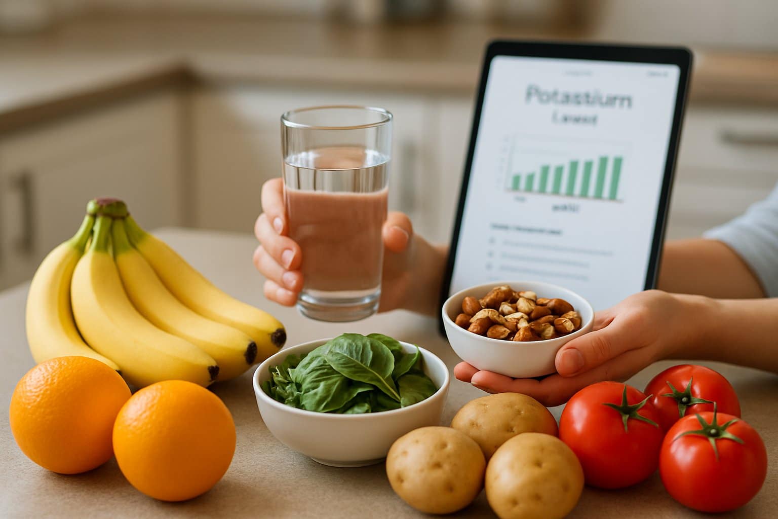 A kitchen countertop with fresh fruits and vegetables, a person holding a glass of water and a bowl of nuts, and a digital device showing health information in the background.