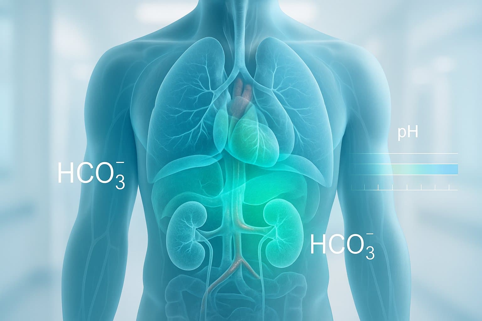 A semi-transparent human torso showing internal organs with highlighted areas representing high bicarbonate levels and acid-base balance.