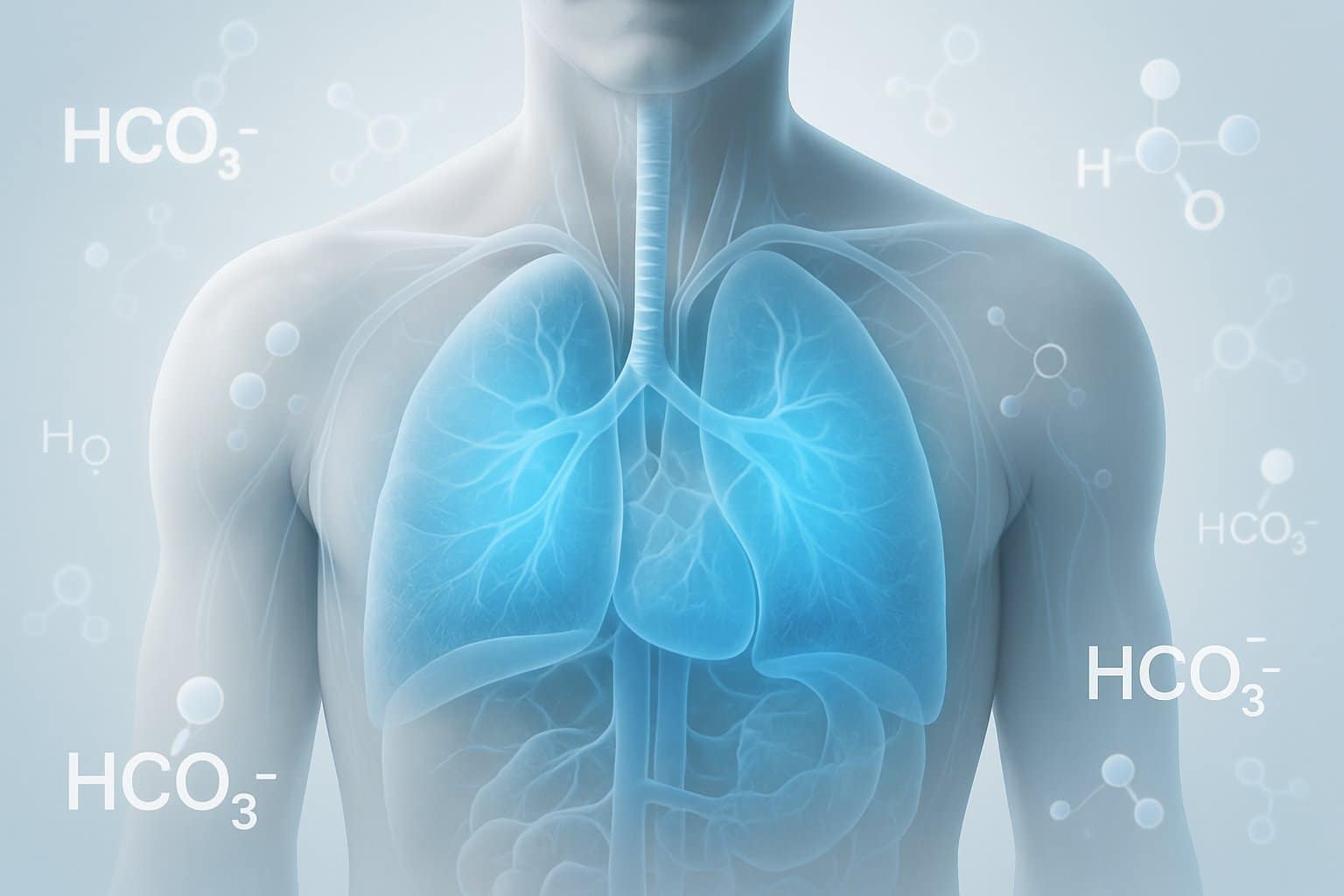 A semi-transparent human torso highlighting the lungs and bloodstream with blue glowing areas and floating bicarbonate molecules around it.