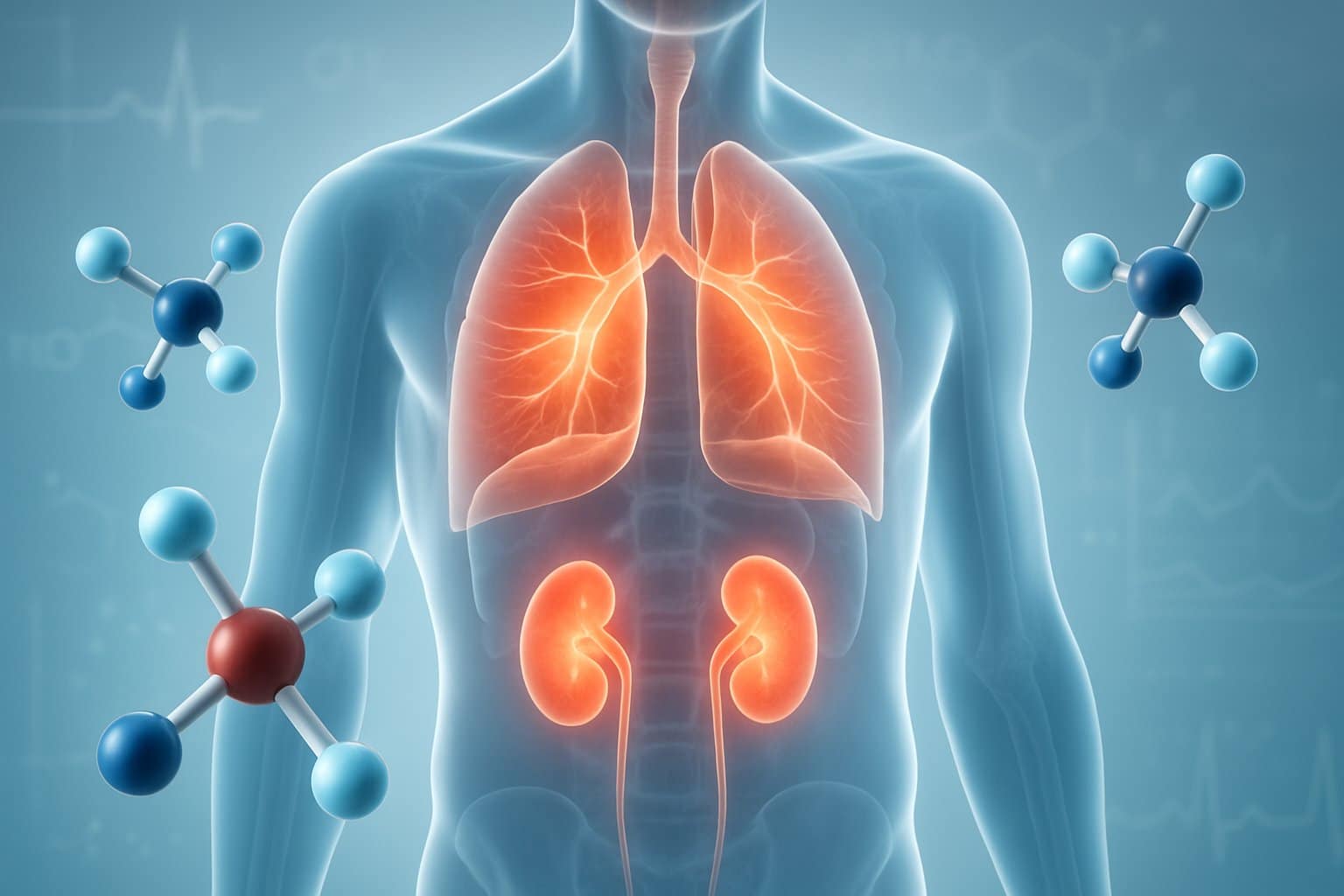 Transparent human torso with glowing lungs and kidneys surrounded by floating molecular structures representing bicarbonate ions against a background of abstract medical symbols.