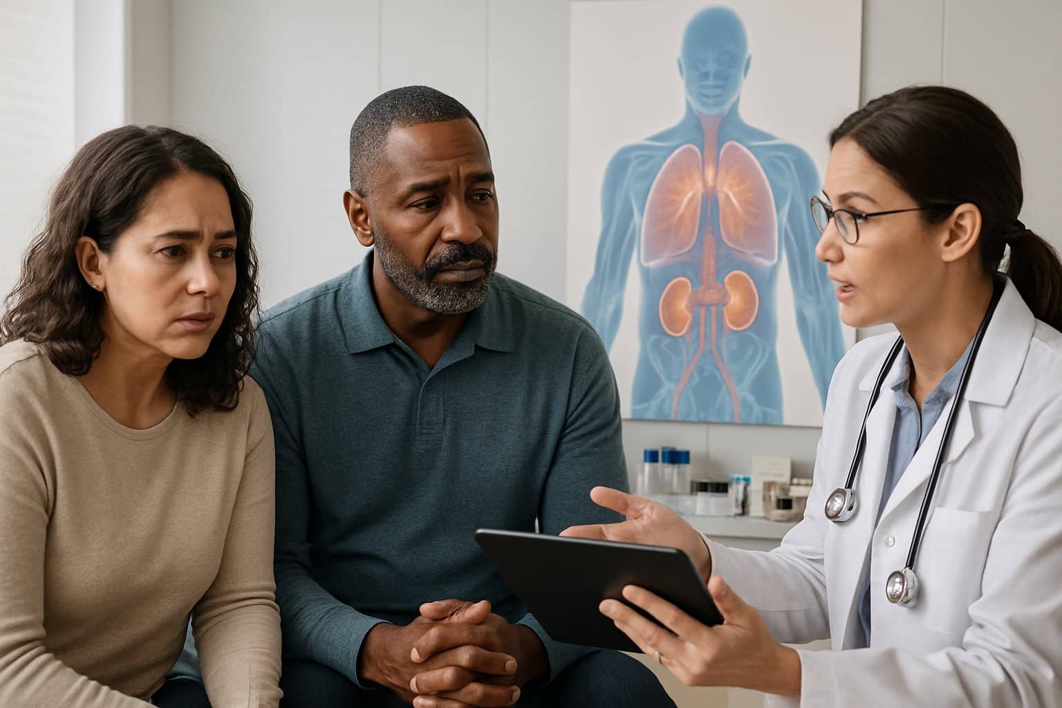 A doctor explains health information to two patients in a medical examination room with an anatomical chart in the background.