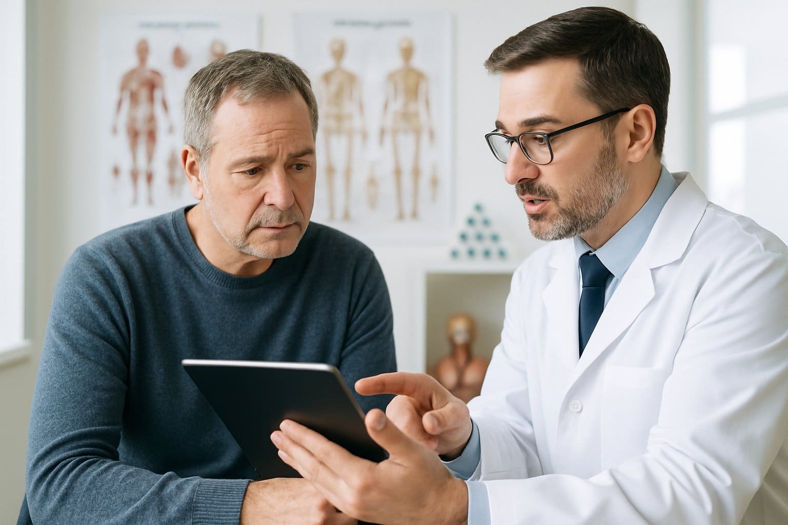 A man in a medical office listens to a doctor explaining health information using a tablet.