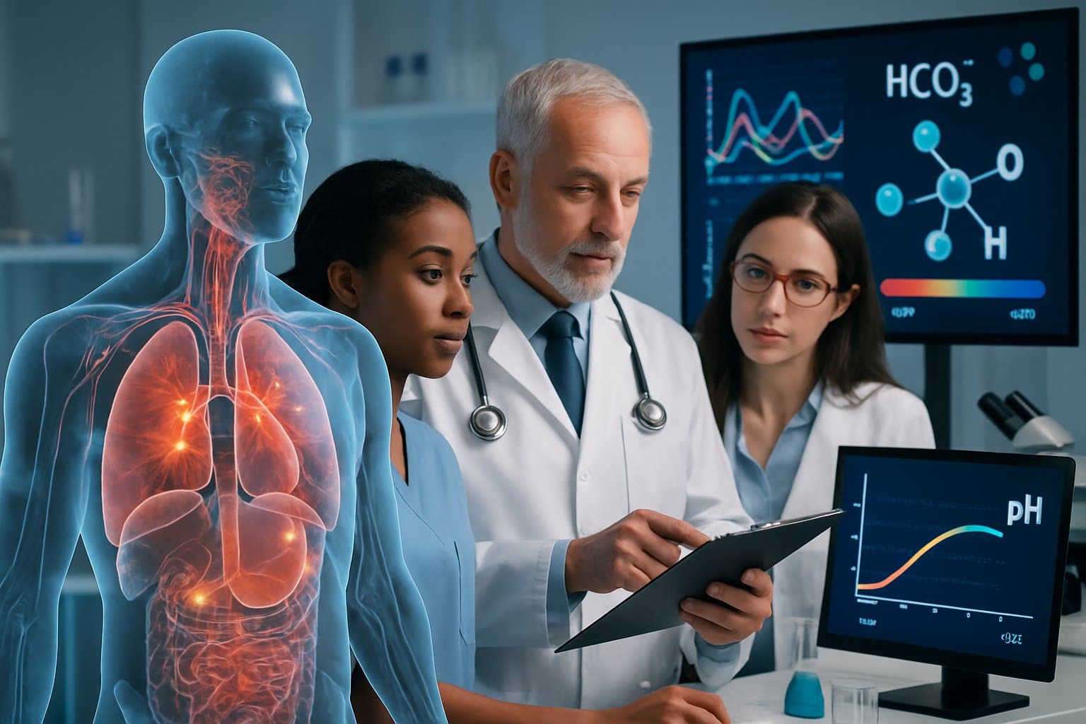 Healthcare professionals examining a 3D human torso model with medical monitors and laboratory equipment in the background.